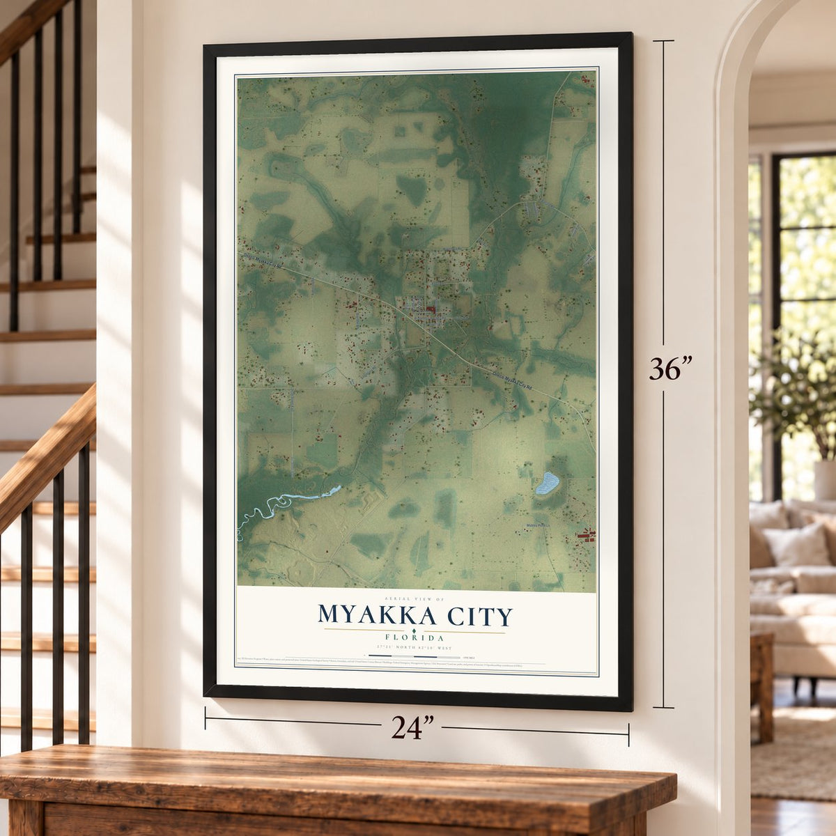 Myakka City, Florida map, 24 x 36 inch print in a black frame by a staircase