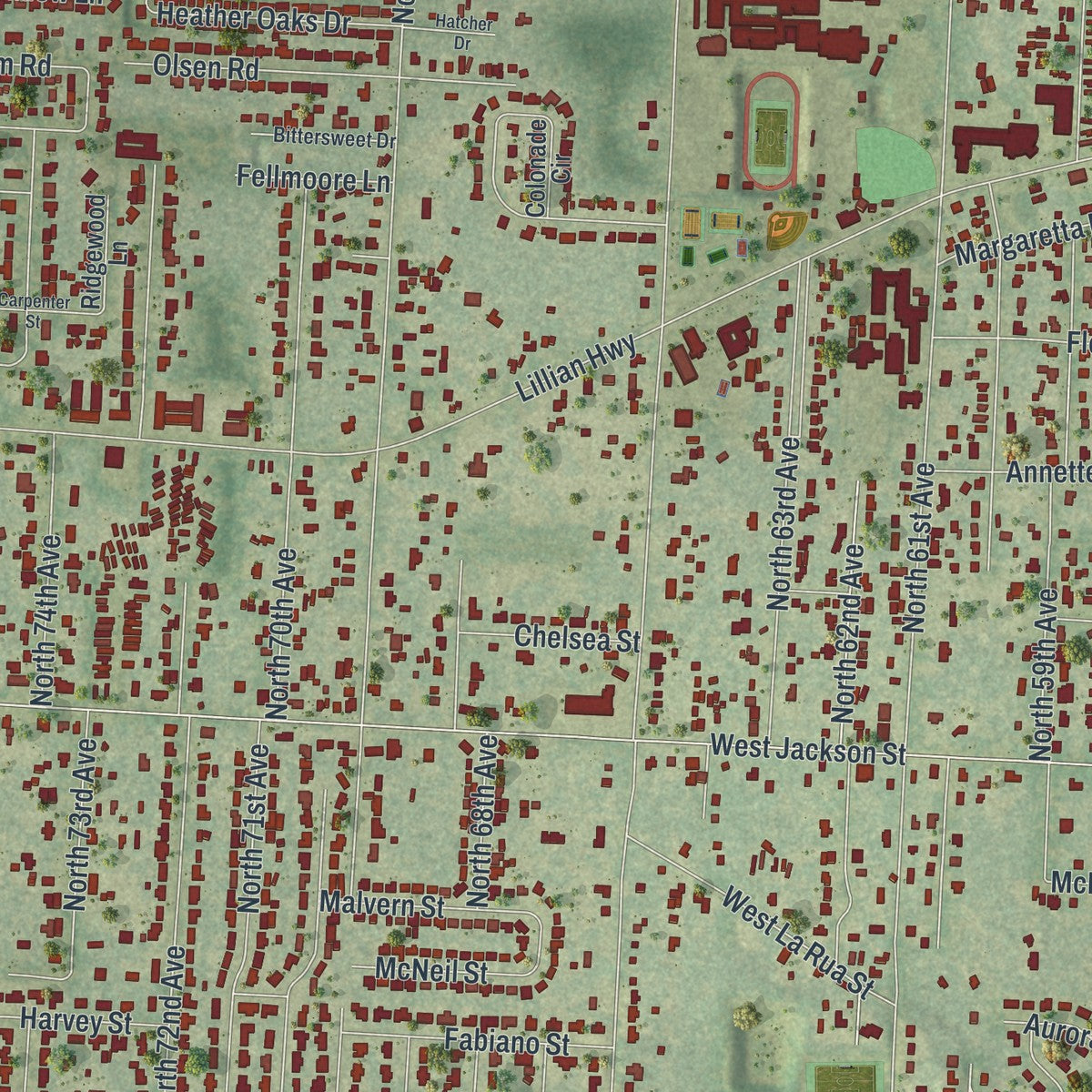 Close-up of the map of Myrtle Grove, Florida print showing street and building detail