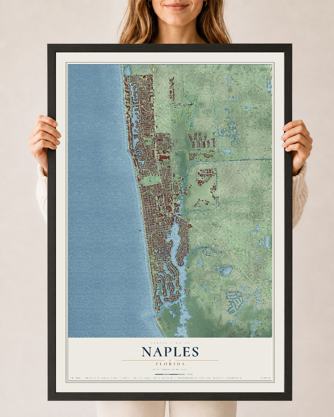 Naples, Florida map print, 24" x 36" W/ Black Ayous Wood Frame mockup