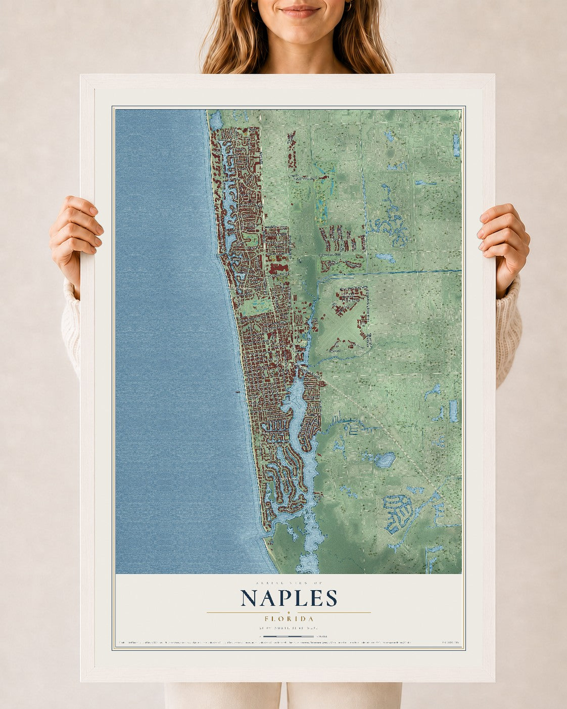 Naples, Florida map print, 24" x 36" W/ White Ayous Wood Frame mockup
