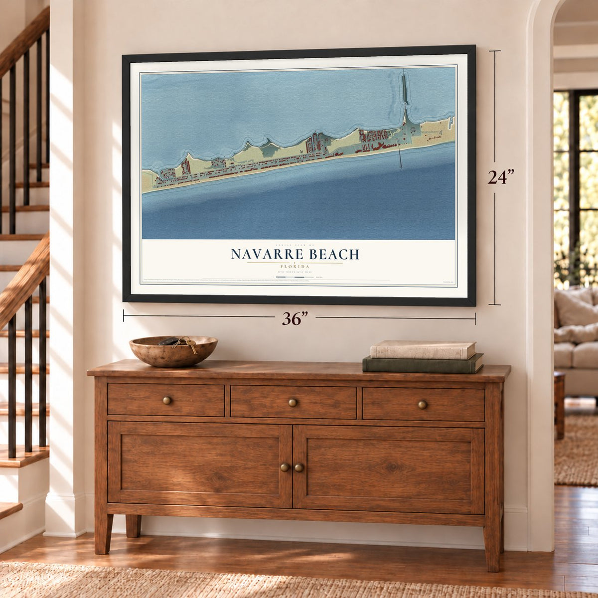 Navarre Beach, Florida map, 24 x 36 inch print in a black frame above a dresser by a staircase