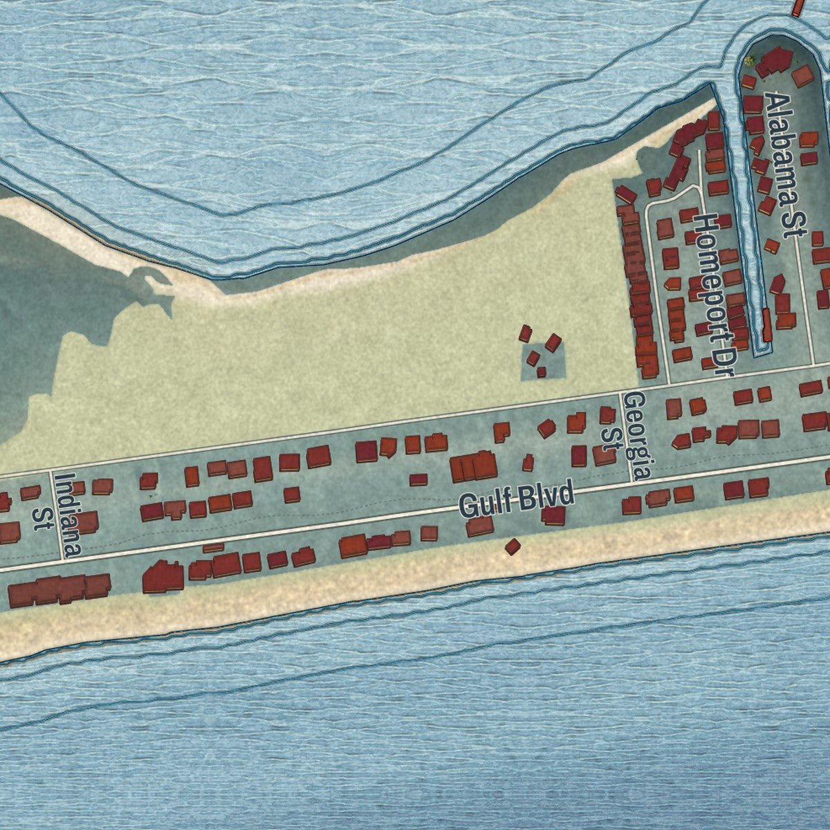 Close-up of the map of Navarre Beach, Florida print showing street and building detail