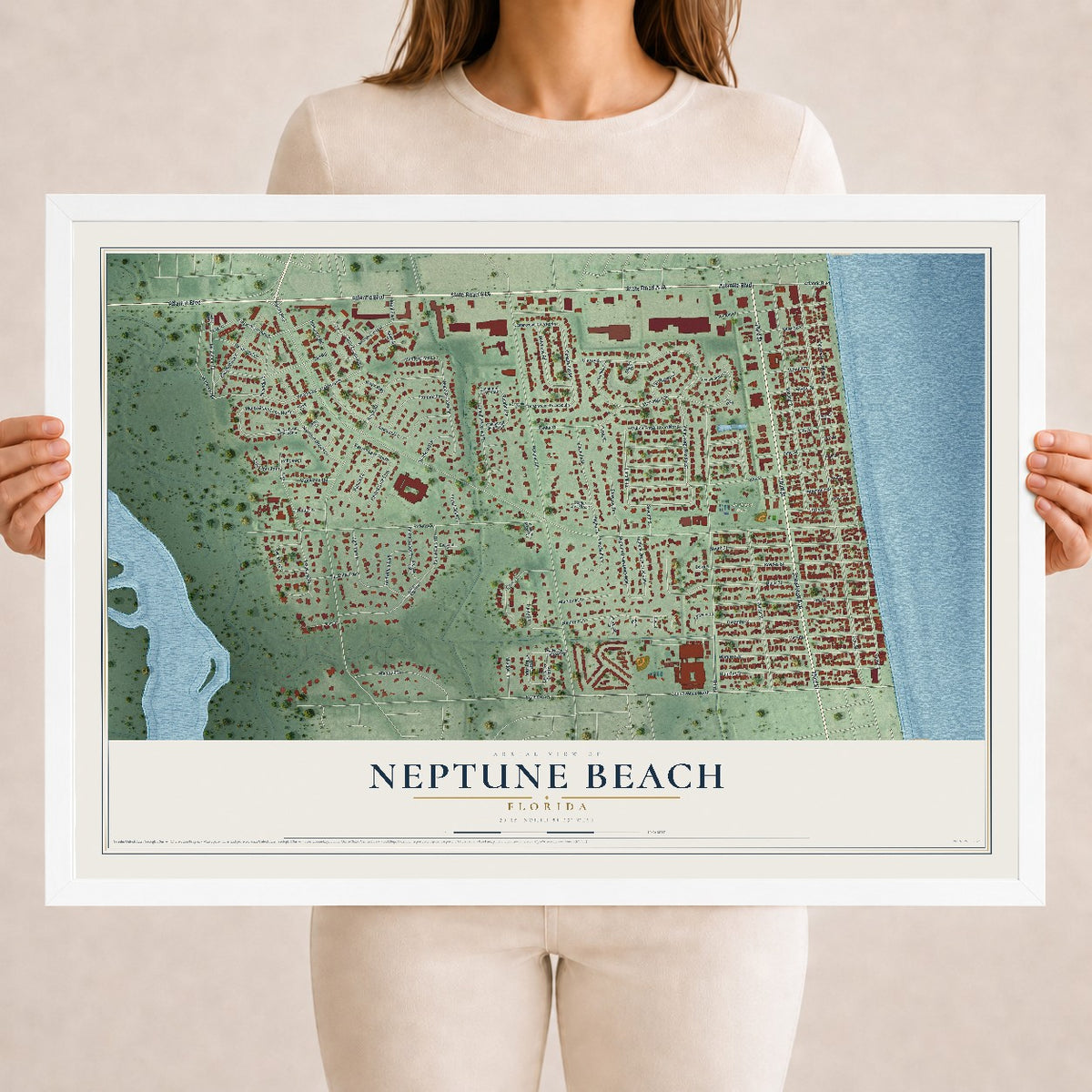 Neptune Beach, Florida map print, 18" x 24" W/ White Ayous Wood Frame mockup