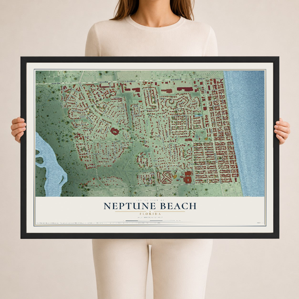 Neptune Beach, Florida map print, 24" x 36" W/ Black Ayous Wood Frame mockup