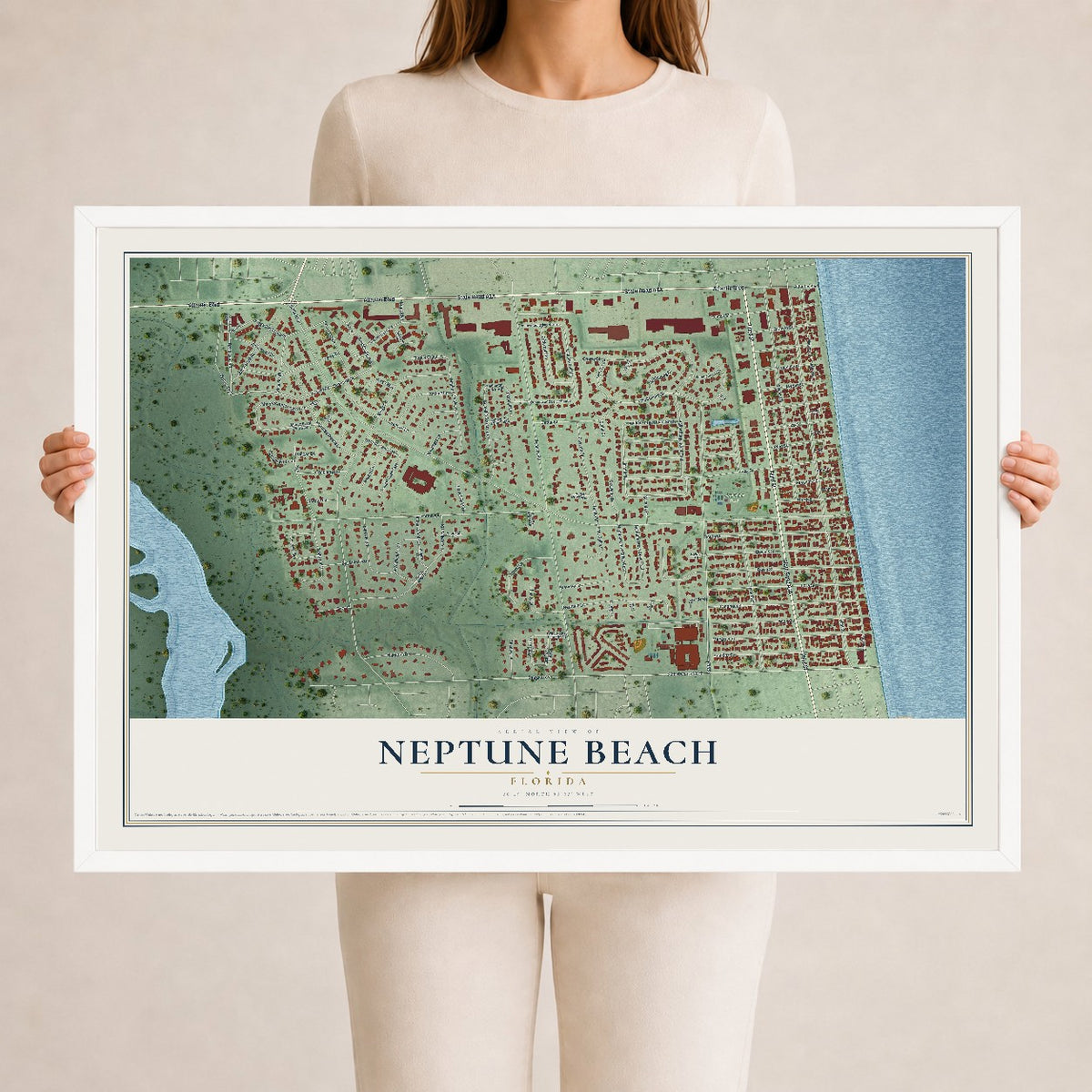 Neptune Beach, Florida map print, 24" x 36" W/ White Ayous Wood Frame mockup