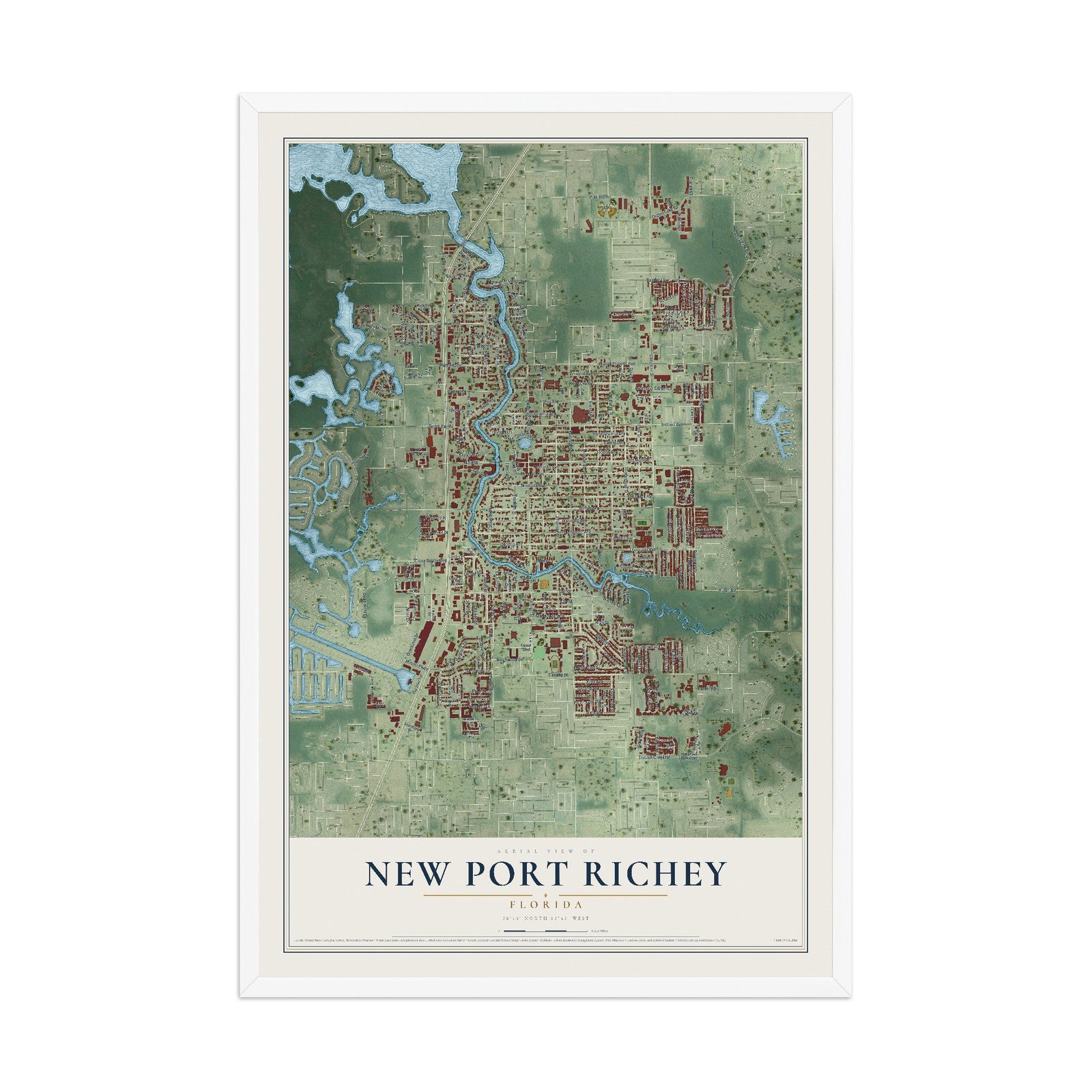 New Port Richey, Florida map print, 12" x 18" W/ White Ayous Wood Frame mockup