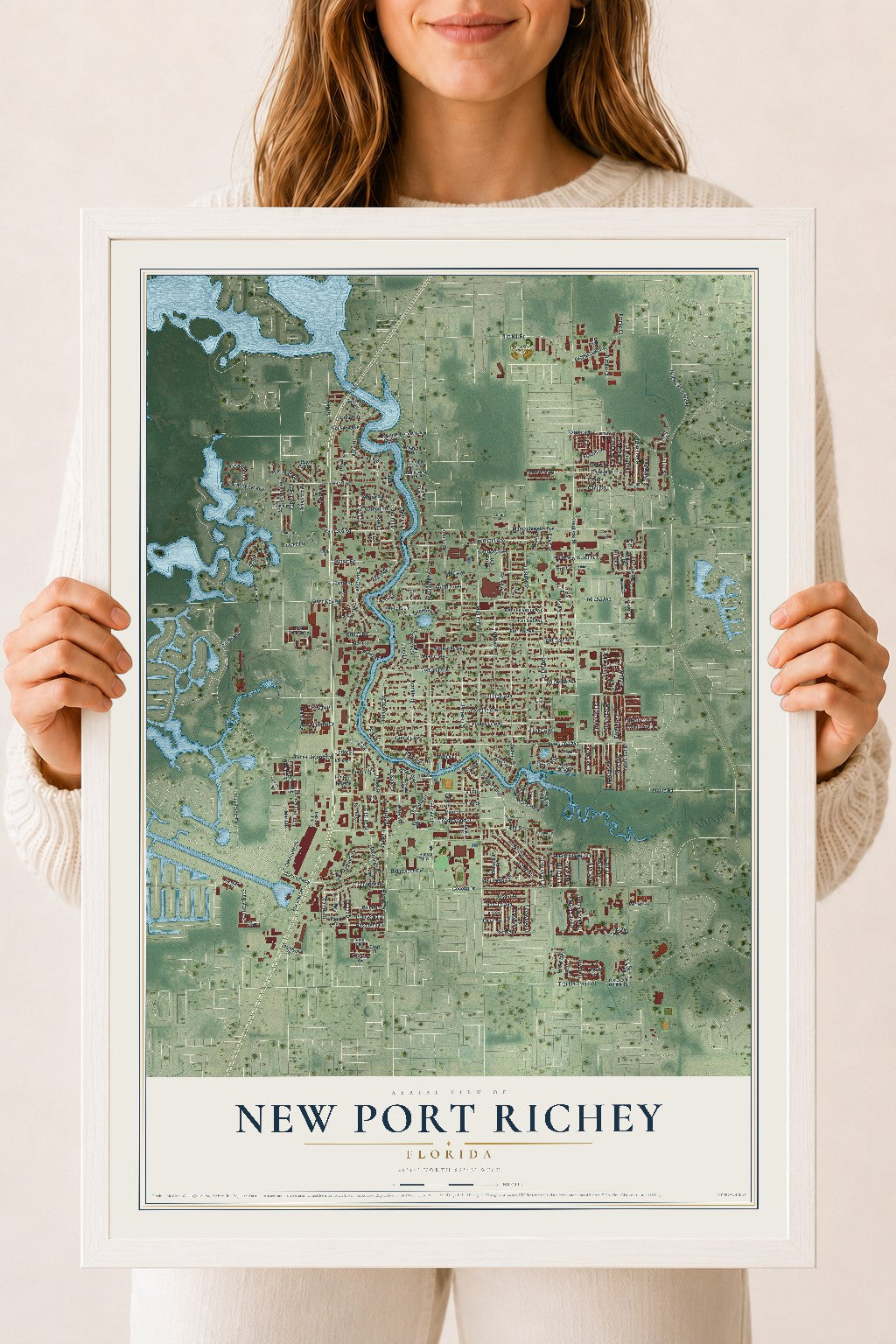 New Port Richey, Florida map print, 18" x 24" W/ White Ayous Wood Frame mockup