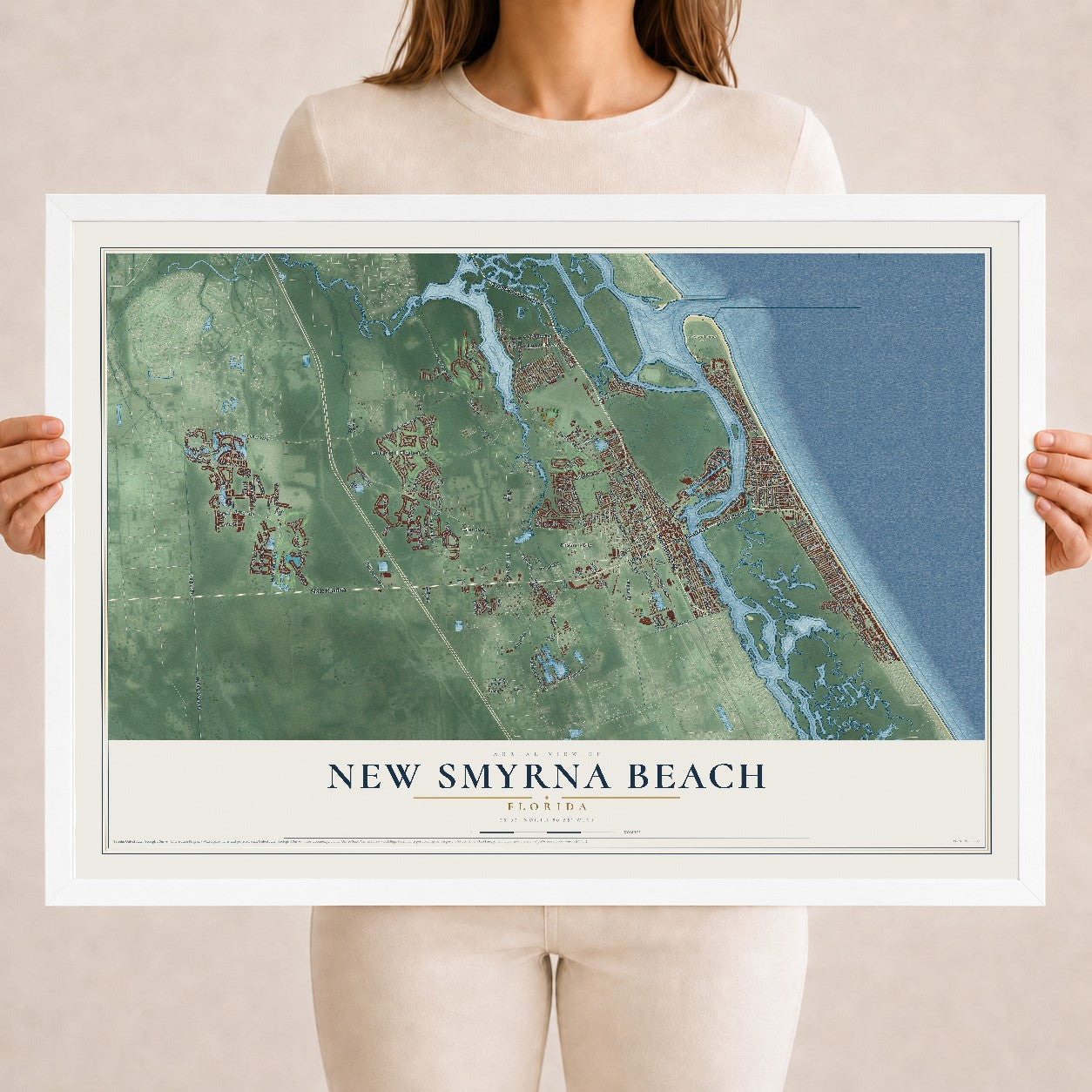 New Smyrna Beach, Florida map print, 18" x 24" W/ White Ayous Wood Frame mockup