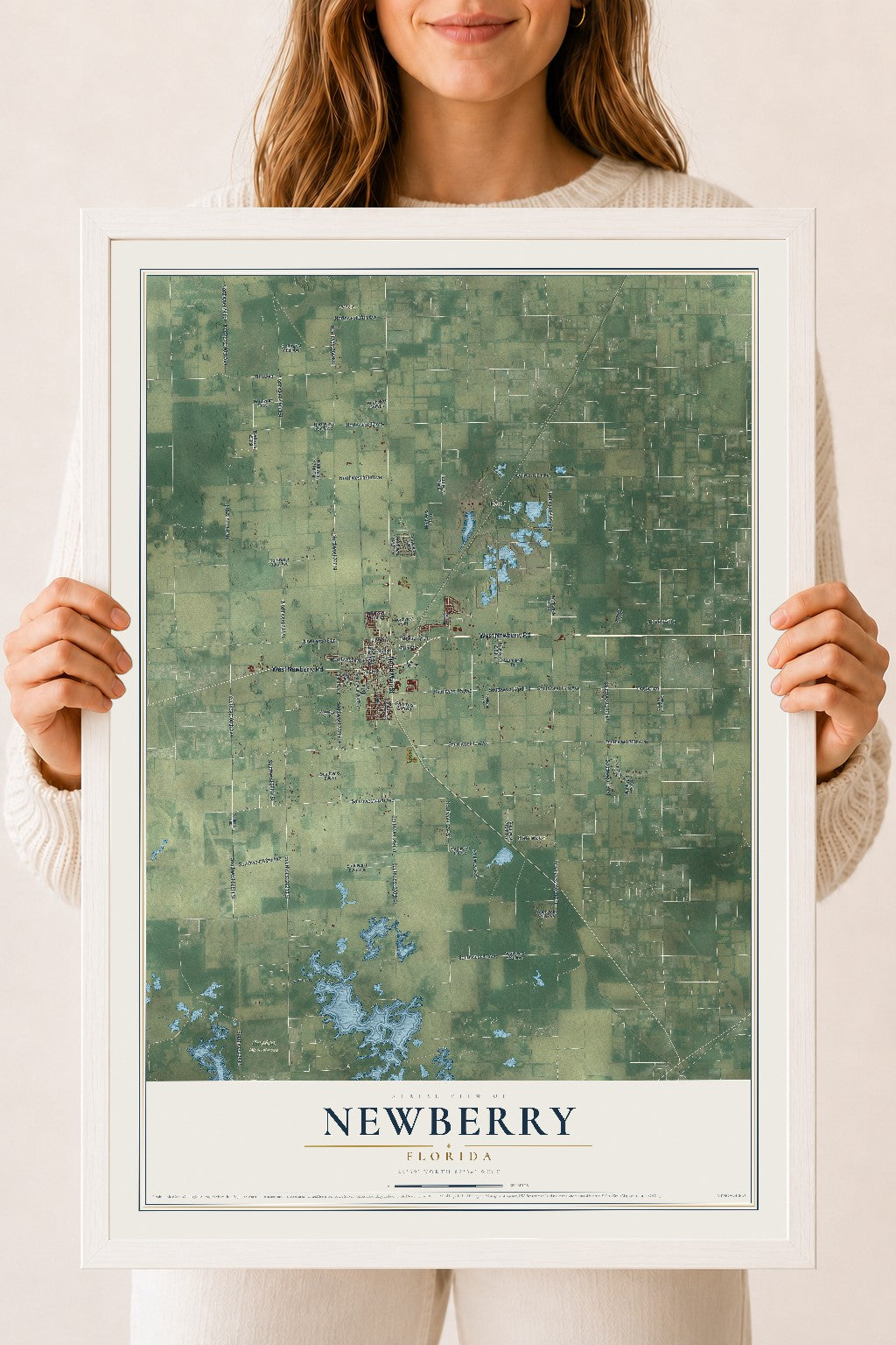 Newberry, Florida map print, 18" x 24" W/ White Ayous Wood Frame mockup