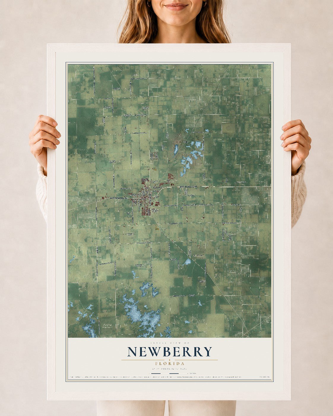 Newberry, Florida map print, 24" x 36" W/ White Ayous Wood Frame mockup