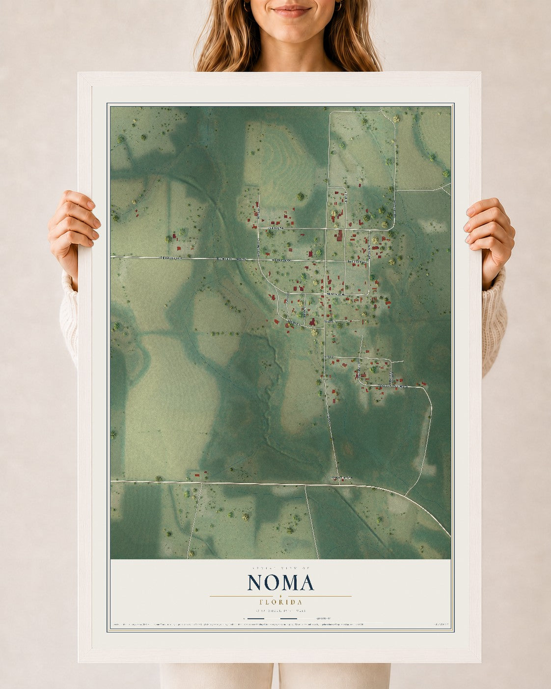 Noma, Florida map print, 24" x 36" W/ White Ayous Wood Frame mockup