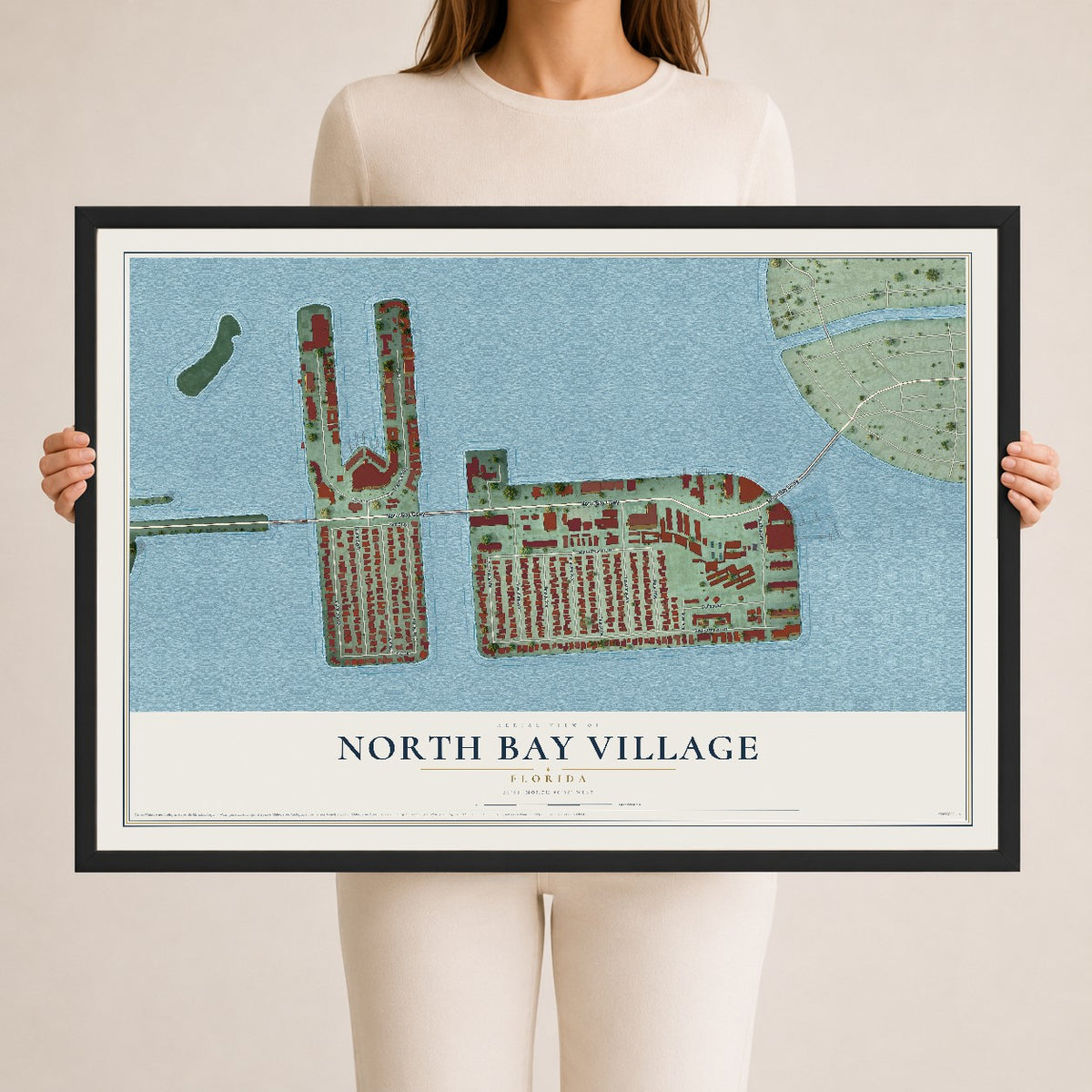 North Bay Village, Florida map print, 24" x 36" W/ Black Ayous Wood Frame mockup