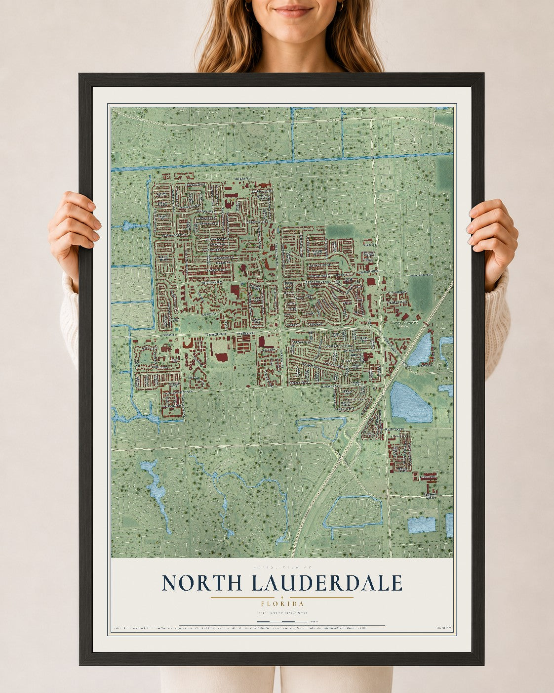 North Lauderdale, Florida map print, 24" x 36" W/ Black Ayous Wood Frame mockup