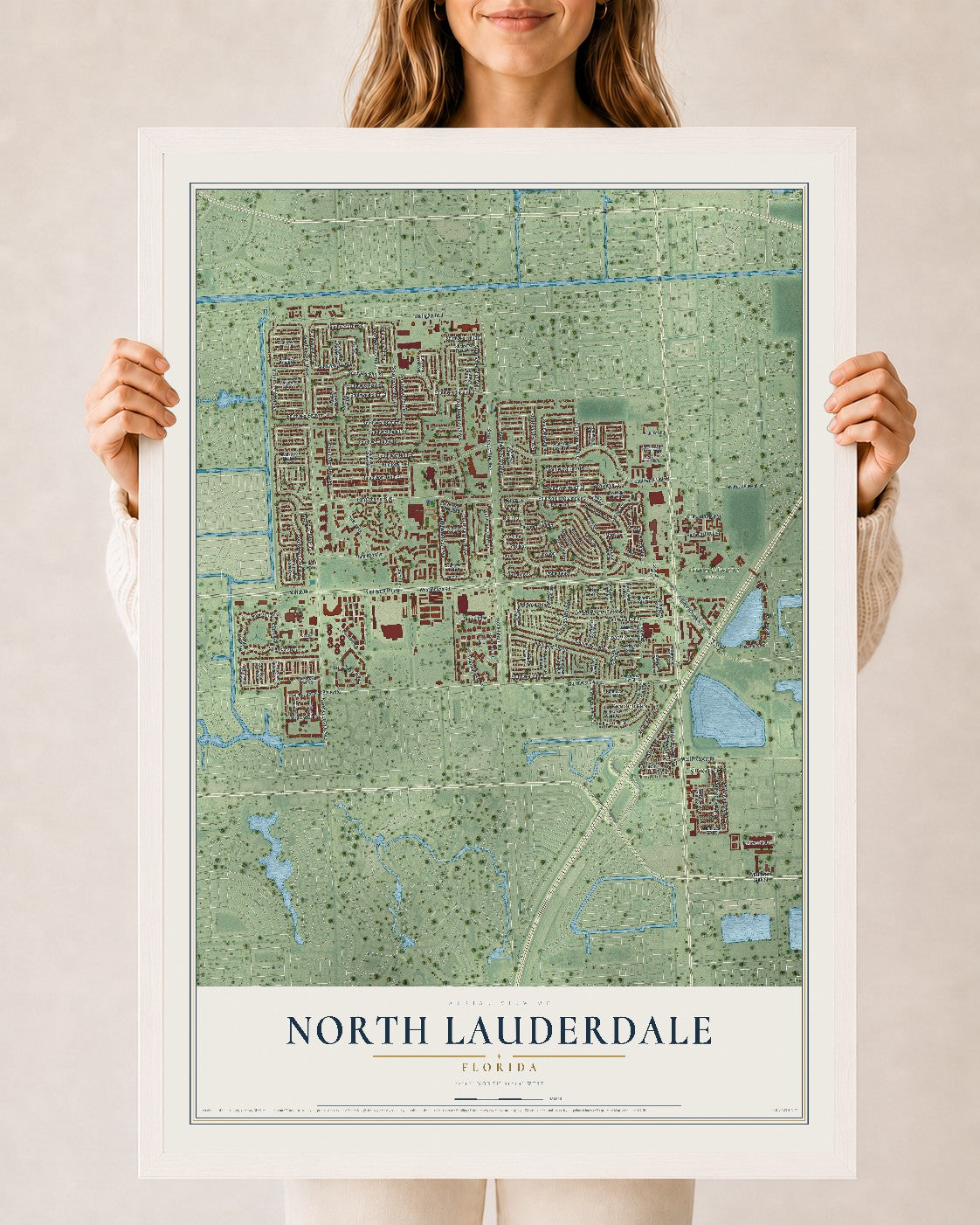North Lauderdale, Florida map print, 24" x 36" W/ White Ayous Wood Frame mockup