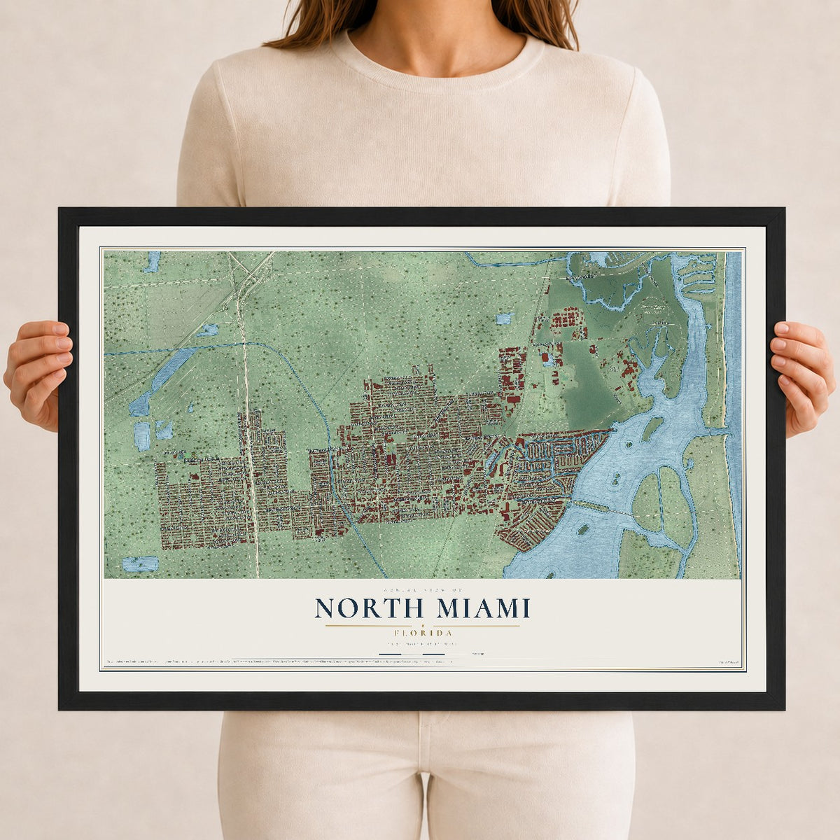 North Miami, Florida map print, 12" x 18" W/ Black Ayous Wood Frame mockup