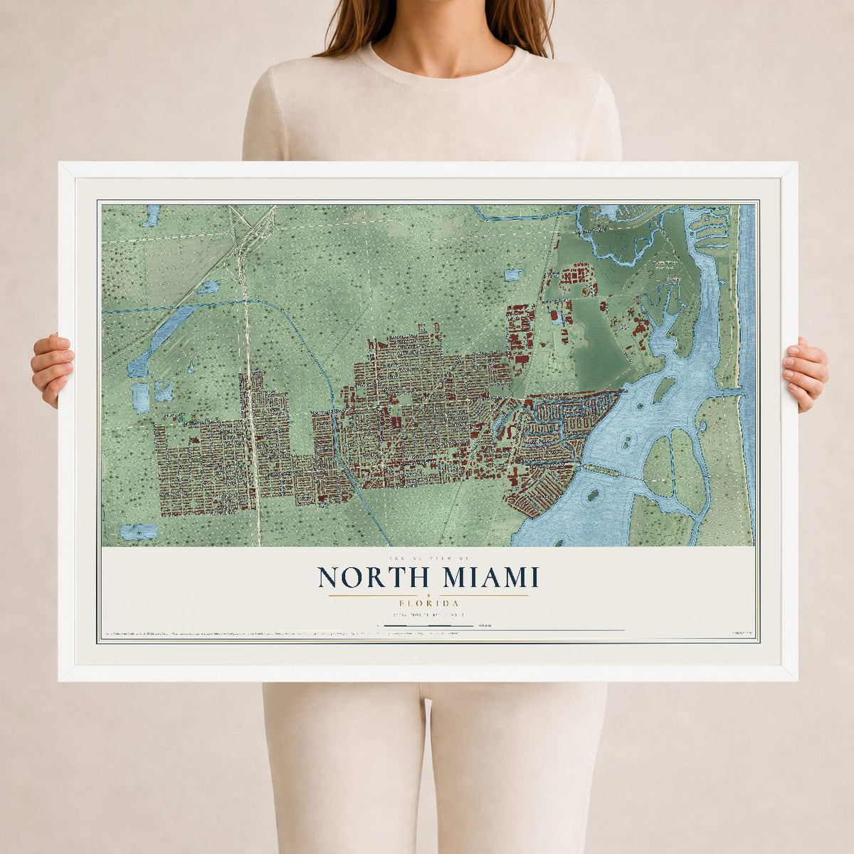 North Miami, Florida map print, 24" x 36" W/ White Ayous Wood Frame mockup