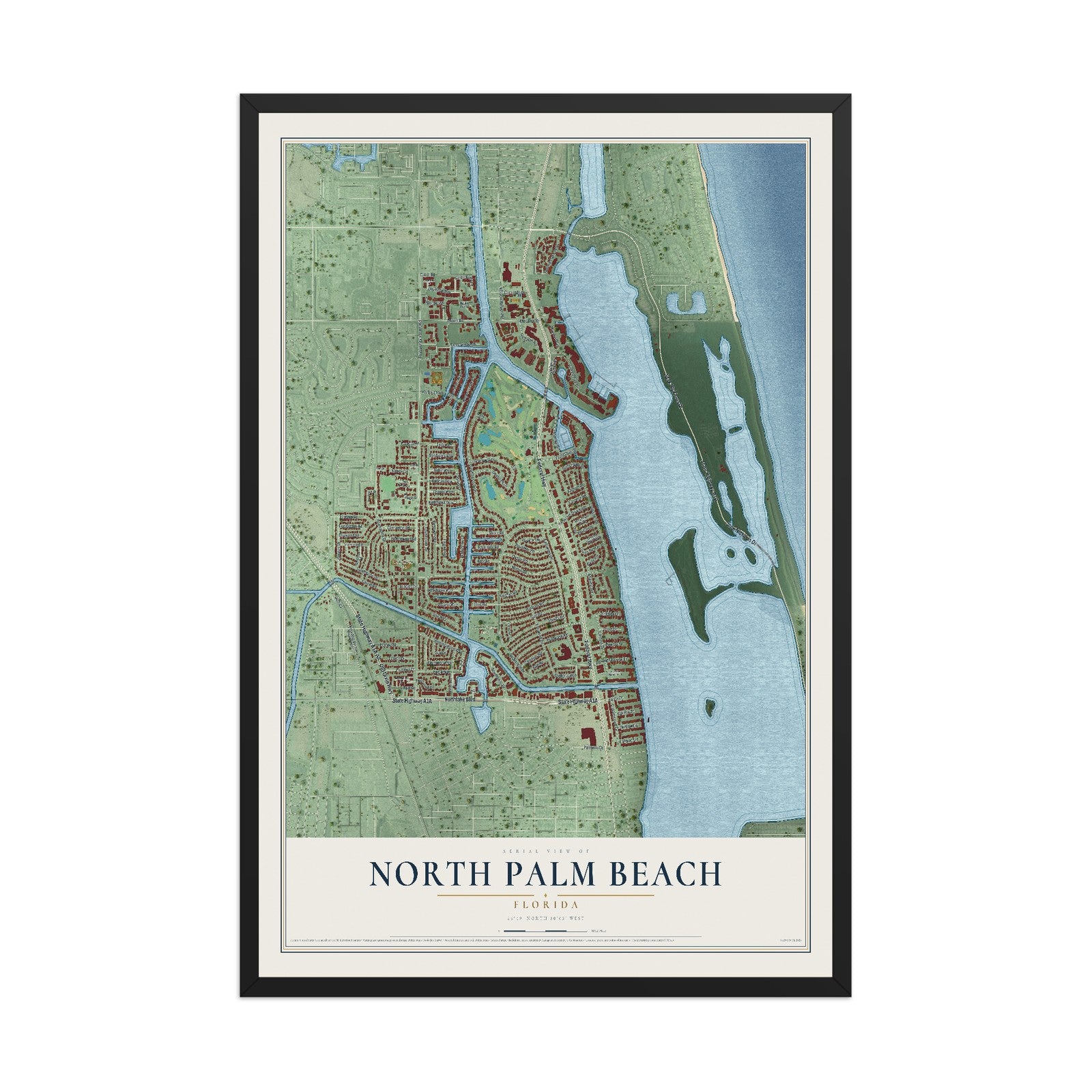 North Palm Beach, Florida map print, 12" x 18" W/ Black Ayous Wood Frame mockup