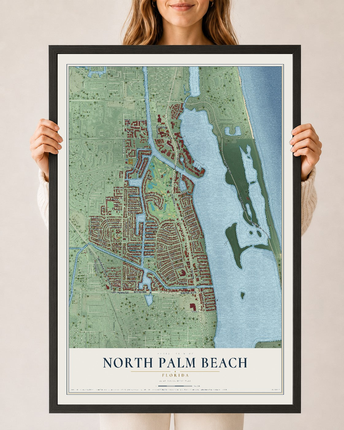 North Palm Beach, Florida map print, 24" x 36" W/ Black Ayous Wood Frame mockup