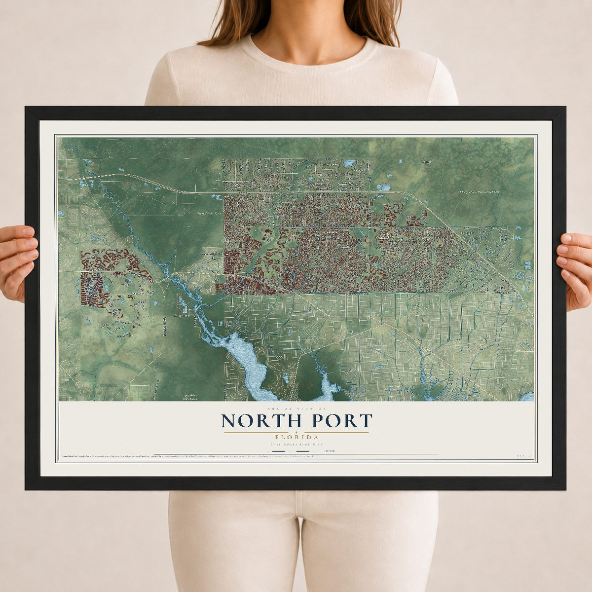 North Port, Florida map print, 18" x 24" W/ Black Ayous Wood Frame mockup
