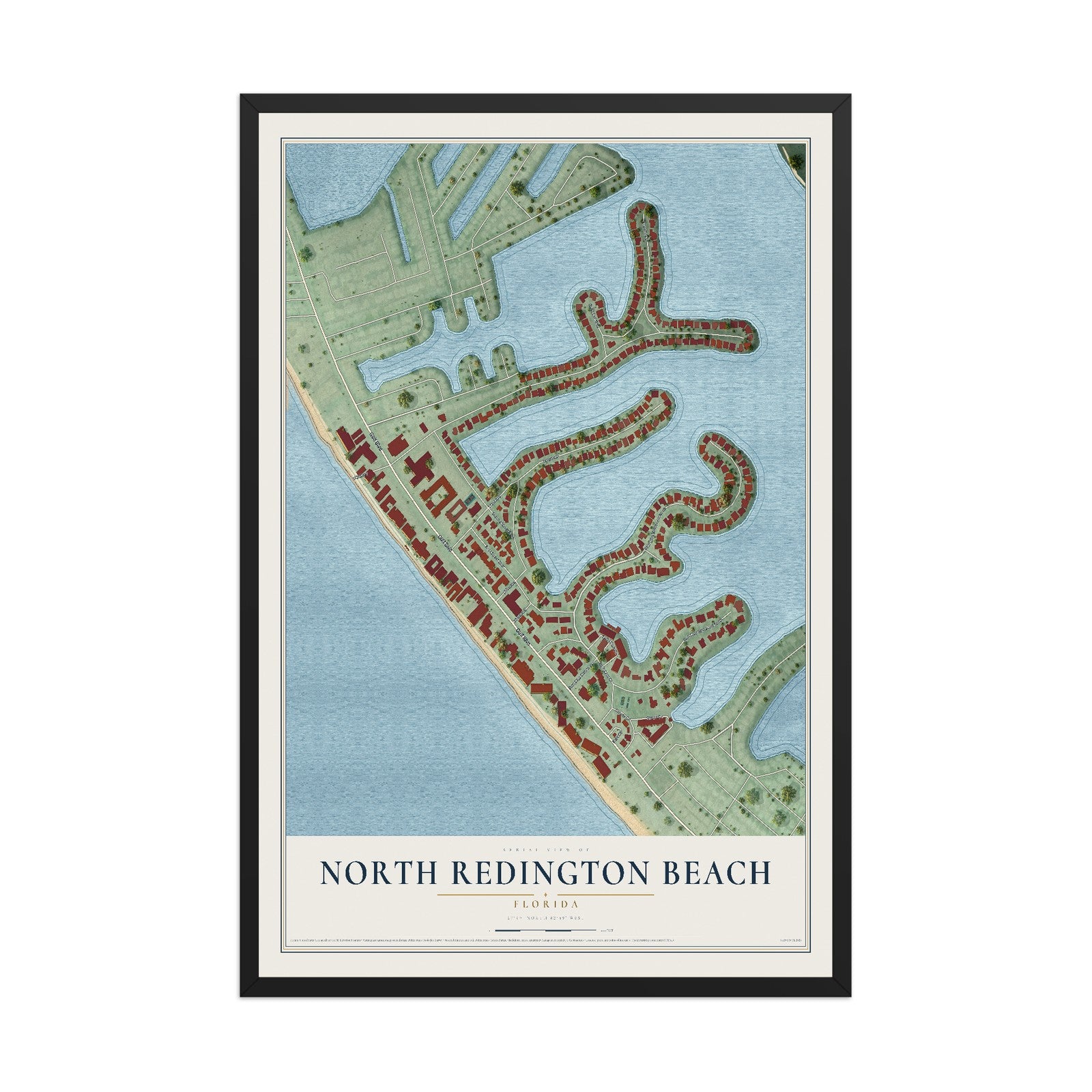 North Redington Beach, Florida map print, 12" x 18" W/ Black Ayous Wood Frame mockup
