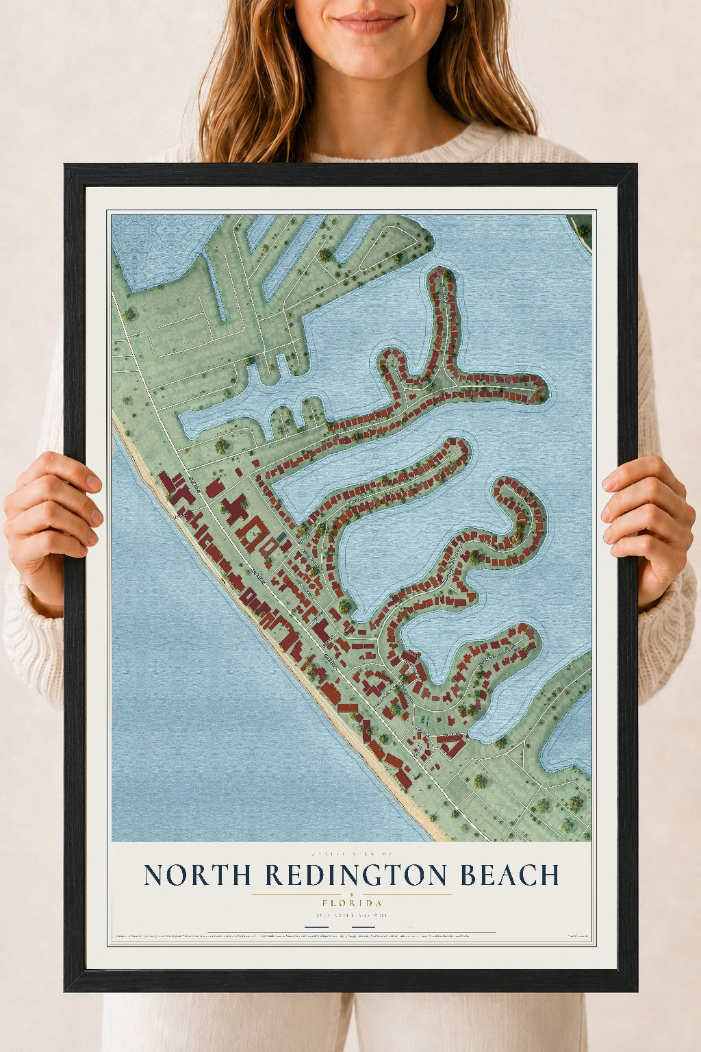 North Redington Beach, Florida map print, 18" x 24" W/ Black Ayous Wood Frame mockup