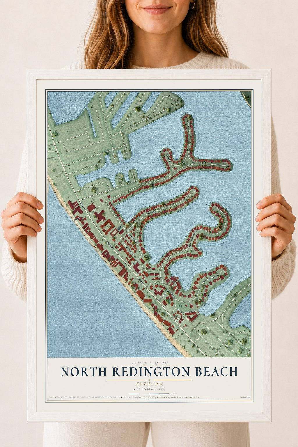 North Redington Beach, Florida map print, 18" x 24" W/ White Ayous Wood Frame mockup