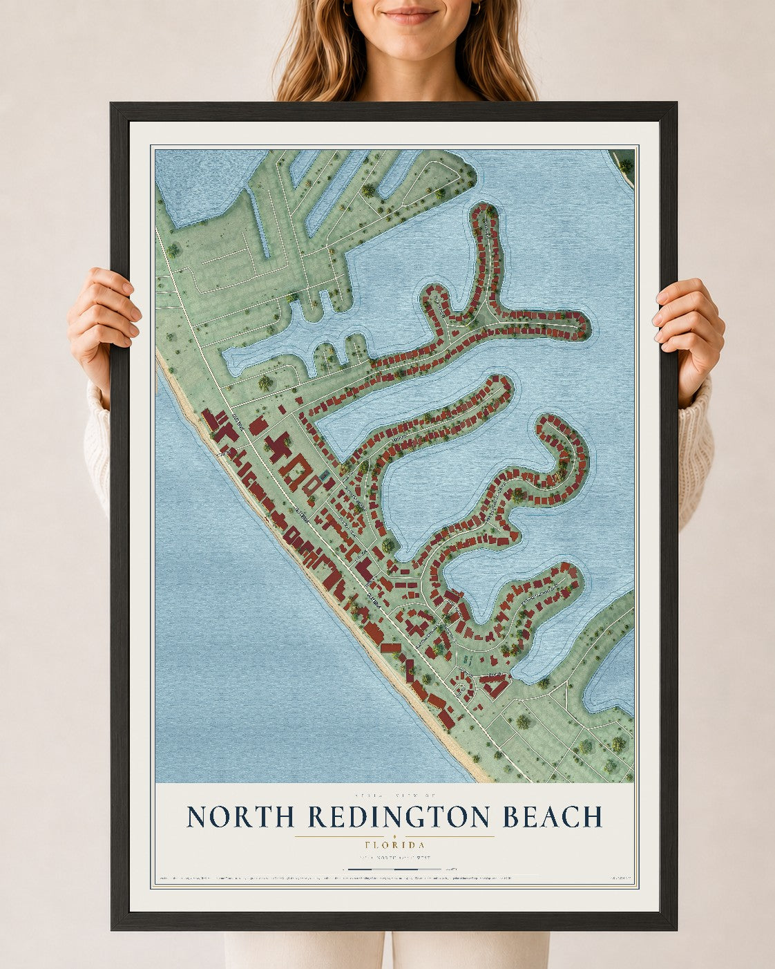 North Redington Beach, Florida map print, 24" x 36" W/ Black Ayous Wood Frame mockup