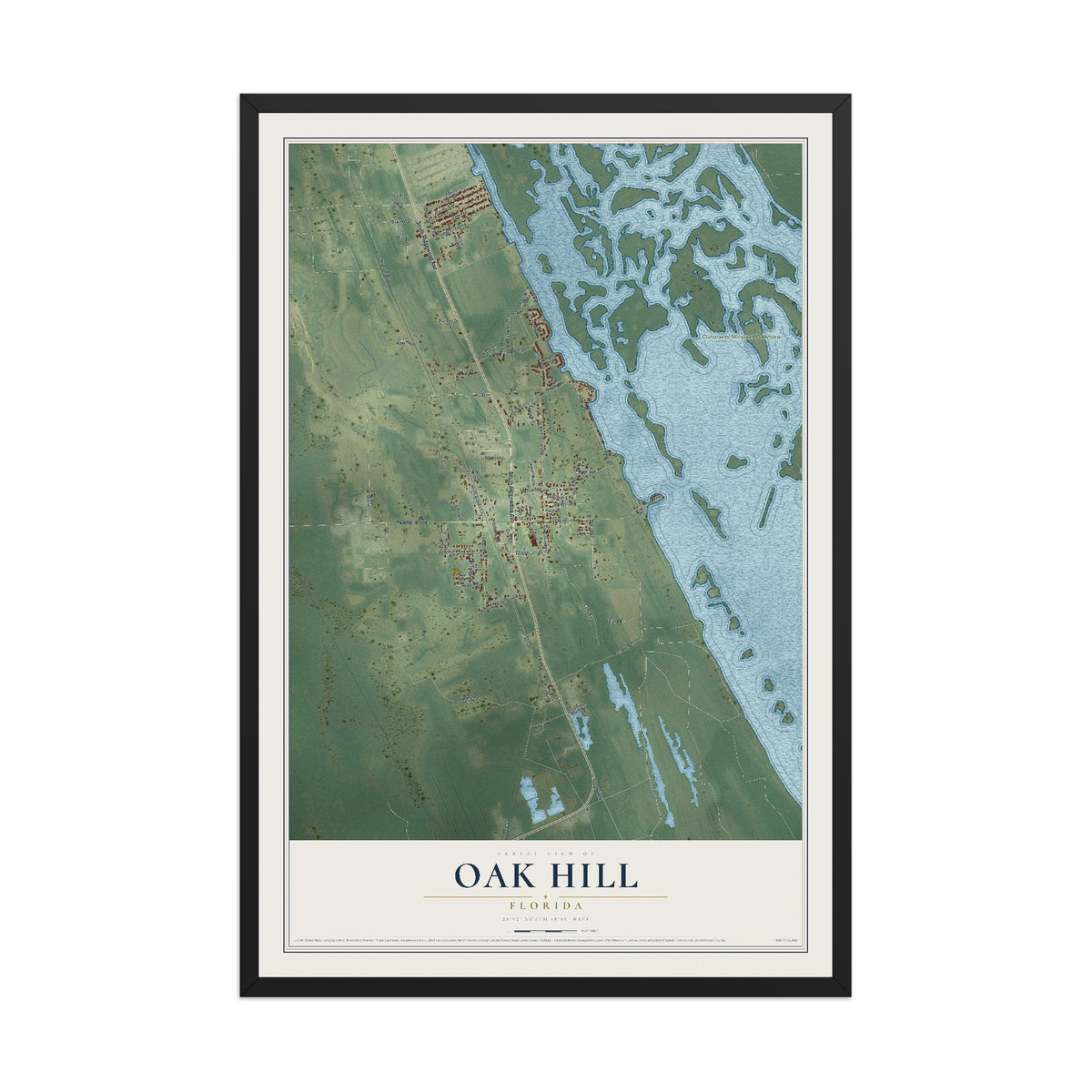 Oak Hill, Florida map print, 12" x 18" W/ Black Ayous Wood Frame mockup