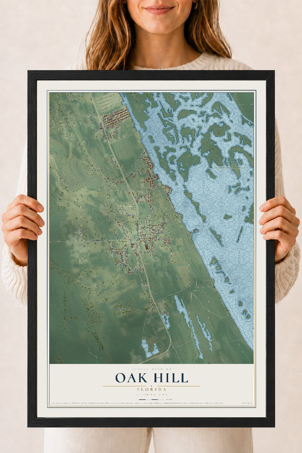 Oak Hill, Florida map print, 18" x 24" W/ Black Ayous Wood Frame mockup