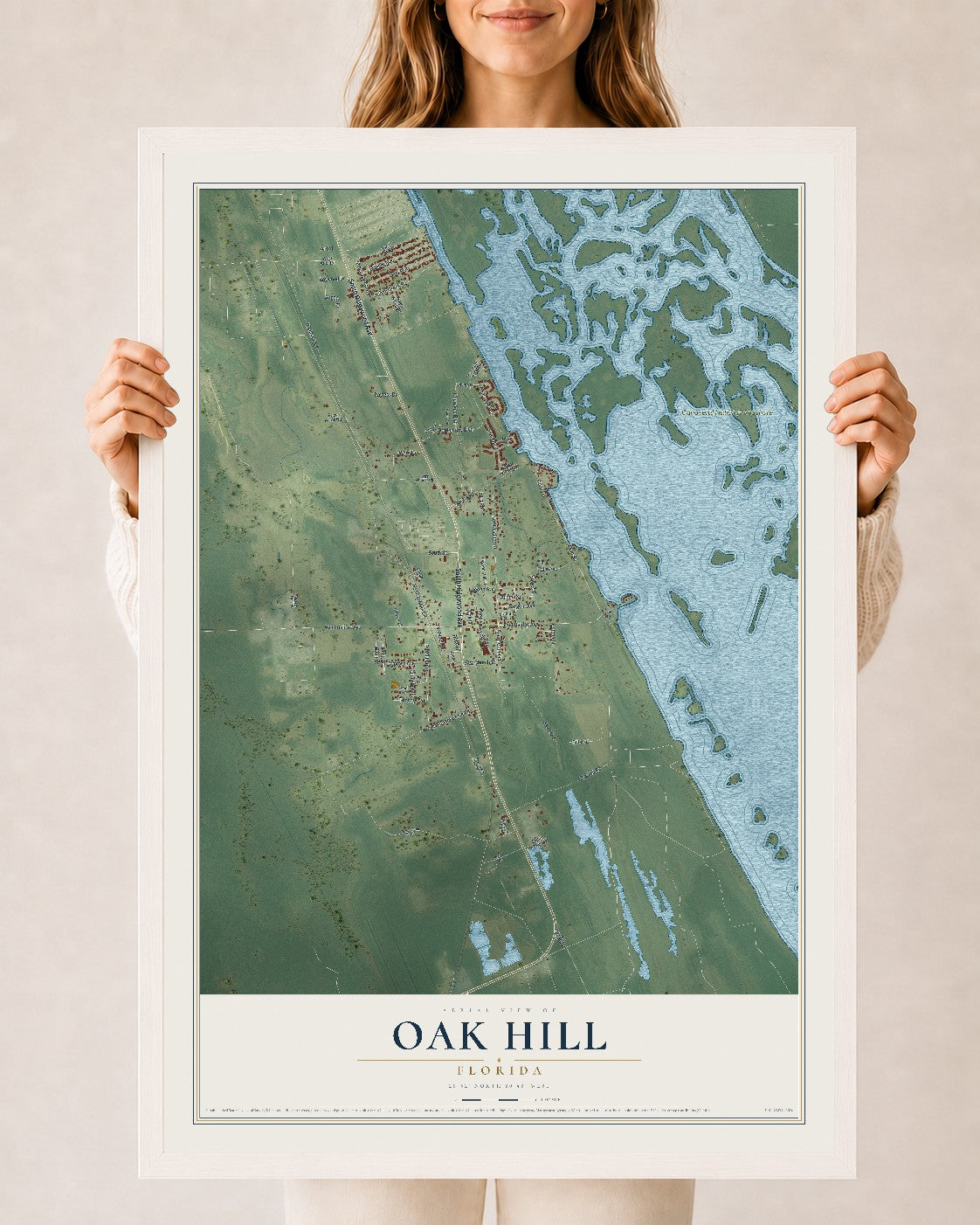 Oak Hill, Florida map print, 24" x 36" W/ White Ayous Wood Frame mockup