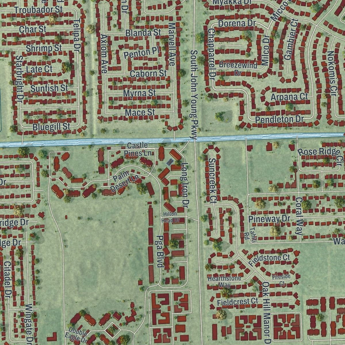 Close-up of the map of Oak Ridge, Florida print showing street and building detail