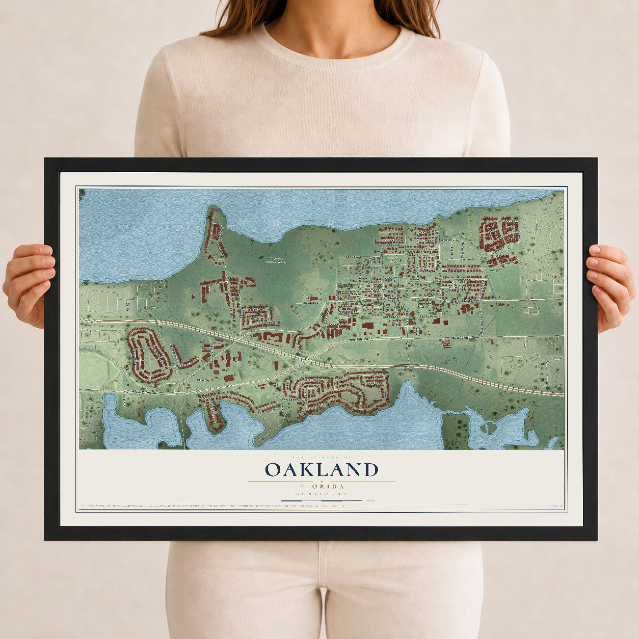 Oakland, Florida map print, 12" x 18" W/ Black Ayous Wood Frame mockup
