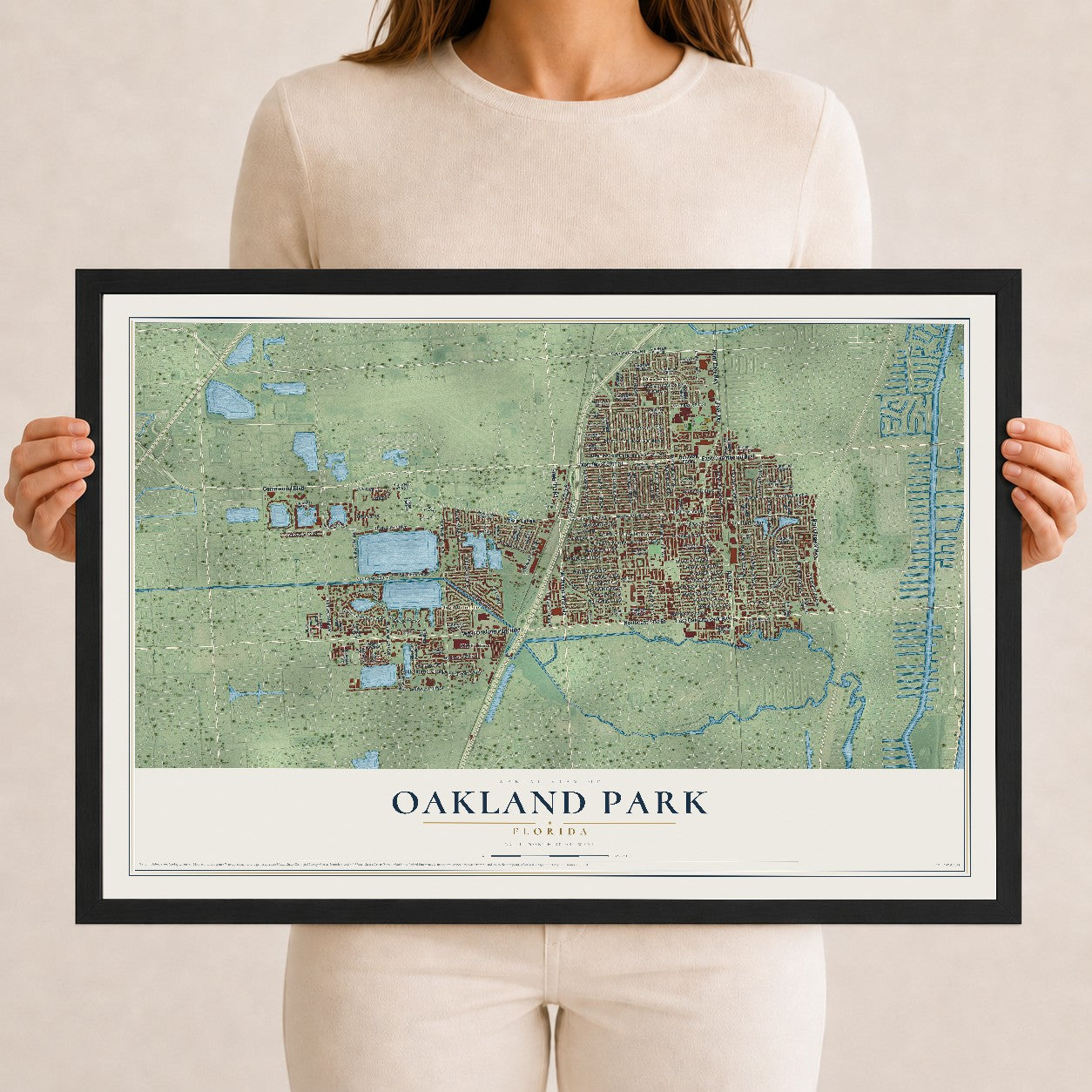 Oakland Park, Florida map print, 12" x 18" W/ Black Ayous Wood Frame mockup