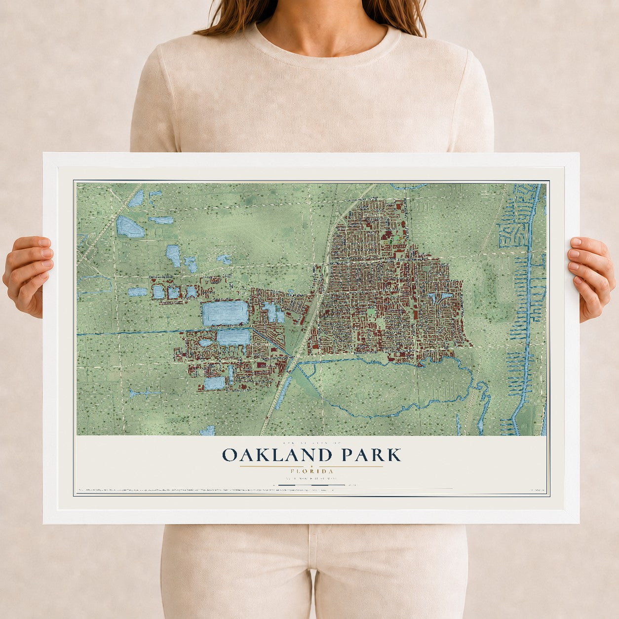 Oakland Park, Florida map print, 12" x 18" W/ White Ayous Wood Frame mockup