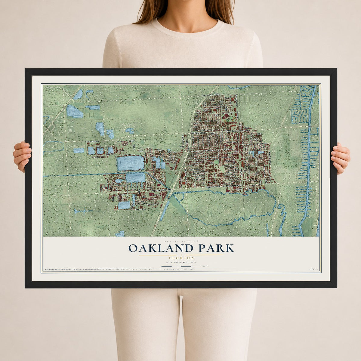 Oakland Park, Florida map print, 24" x 36" W/ Black Ayous Wood Frame mockup