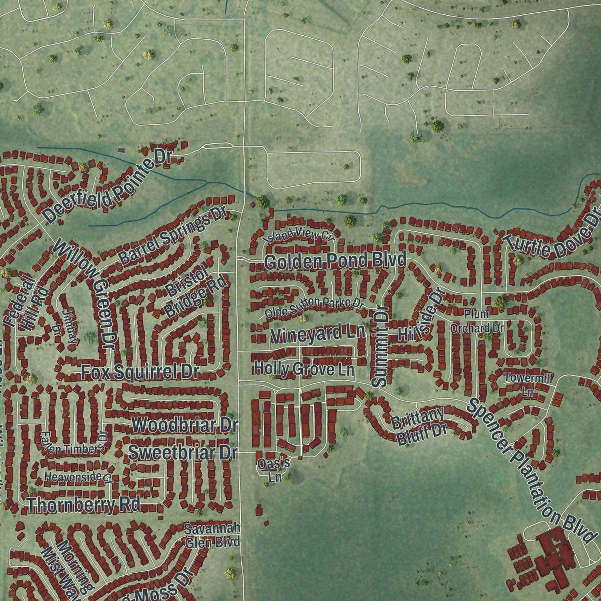 Close-up of the map of Oakleaf Plantation, Florida print showing street and building detail