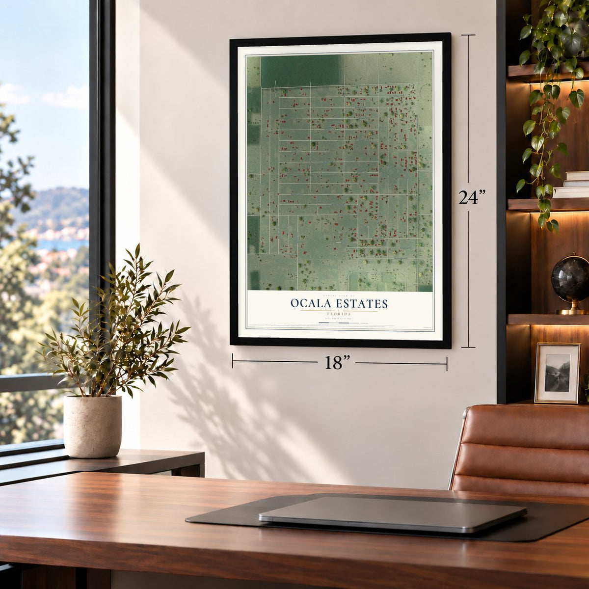 Ocala Estates, Florida map, 18 x 24 inch print in a black frame in a home office