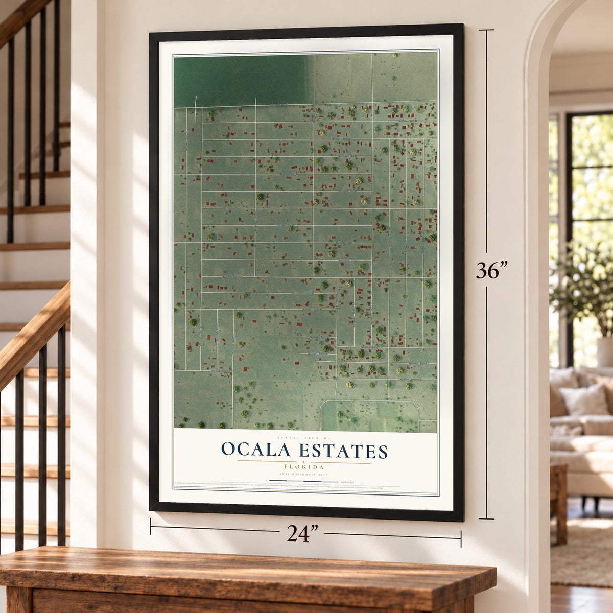 Ocala Estates, Florida map, 24 x 36 inch print in a black frame by a staircase