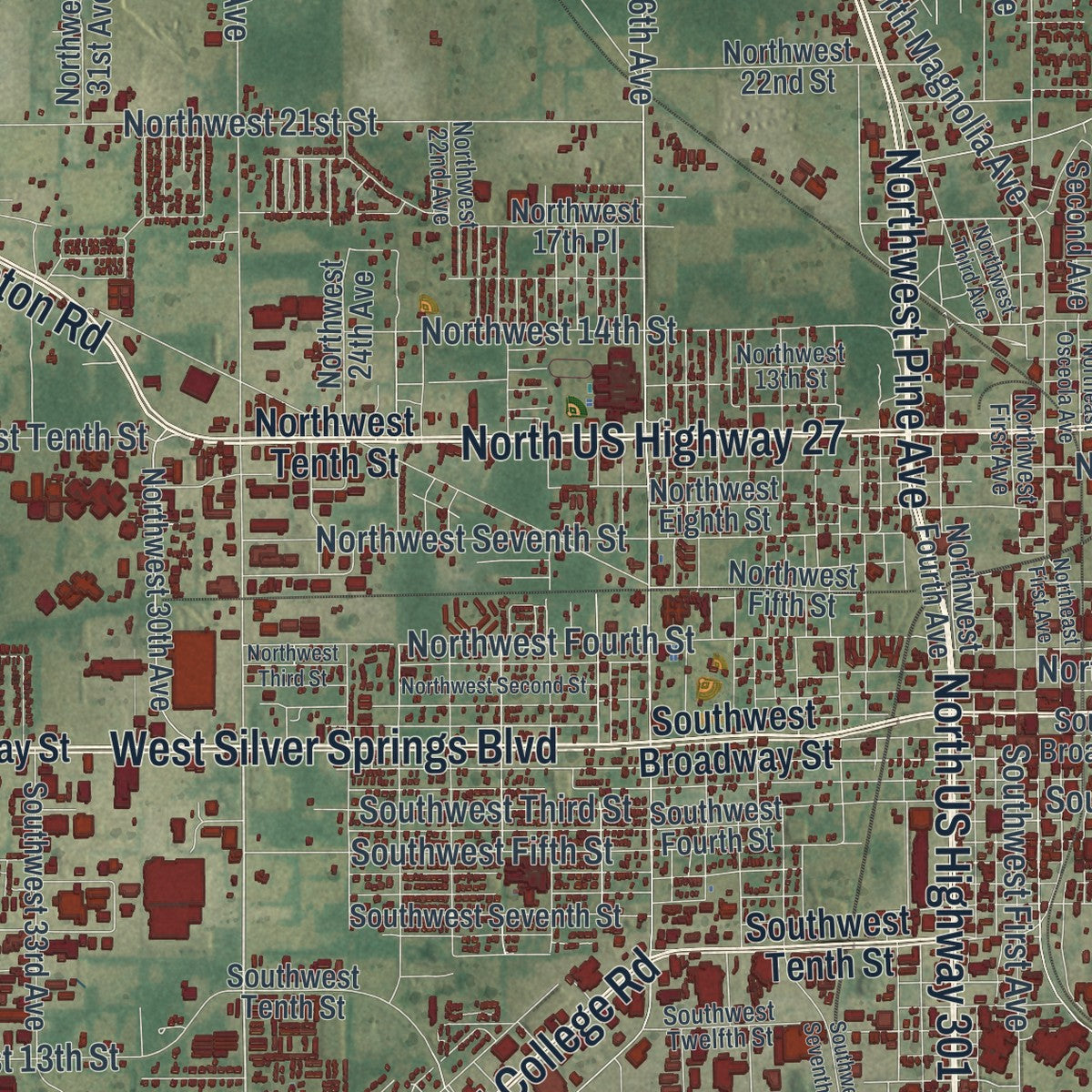 Close-up 2 of the Ocala, Florida map artwork