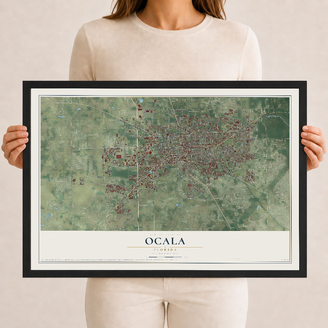 Ocala, Florida map print, 12" x 18" W/ Black Ayous Wood Frame mockup