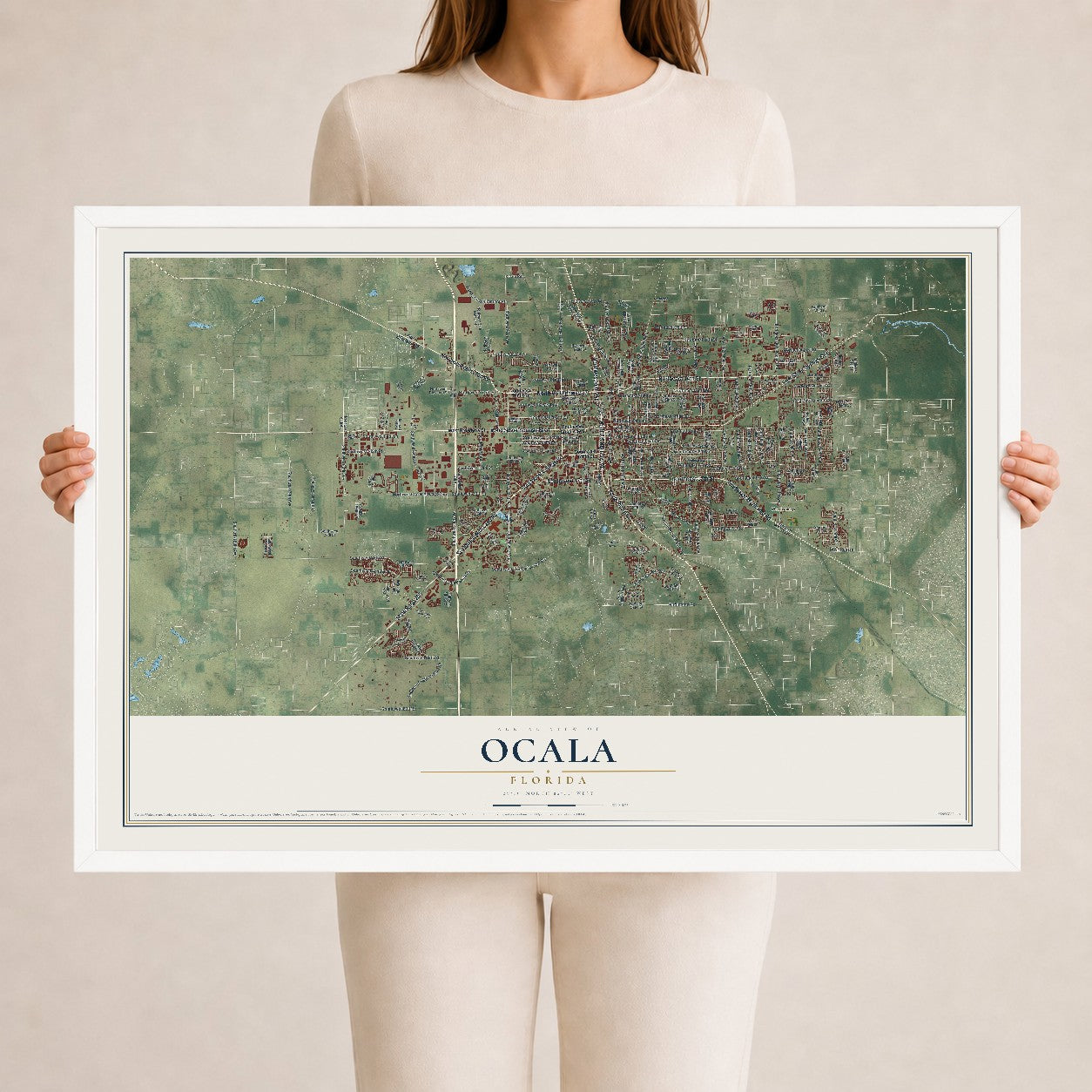 Ocala, Florida map print, 24" x 36" W/ White Ayous Wood Frame mockup