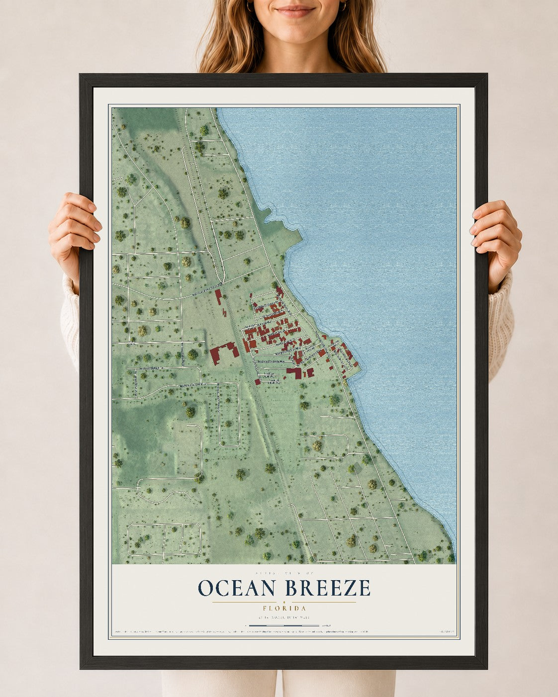 Ocean Breeze, Florida map print, 24" x 36" W/ Black Ayous Wood Frame mockup