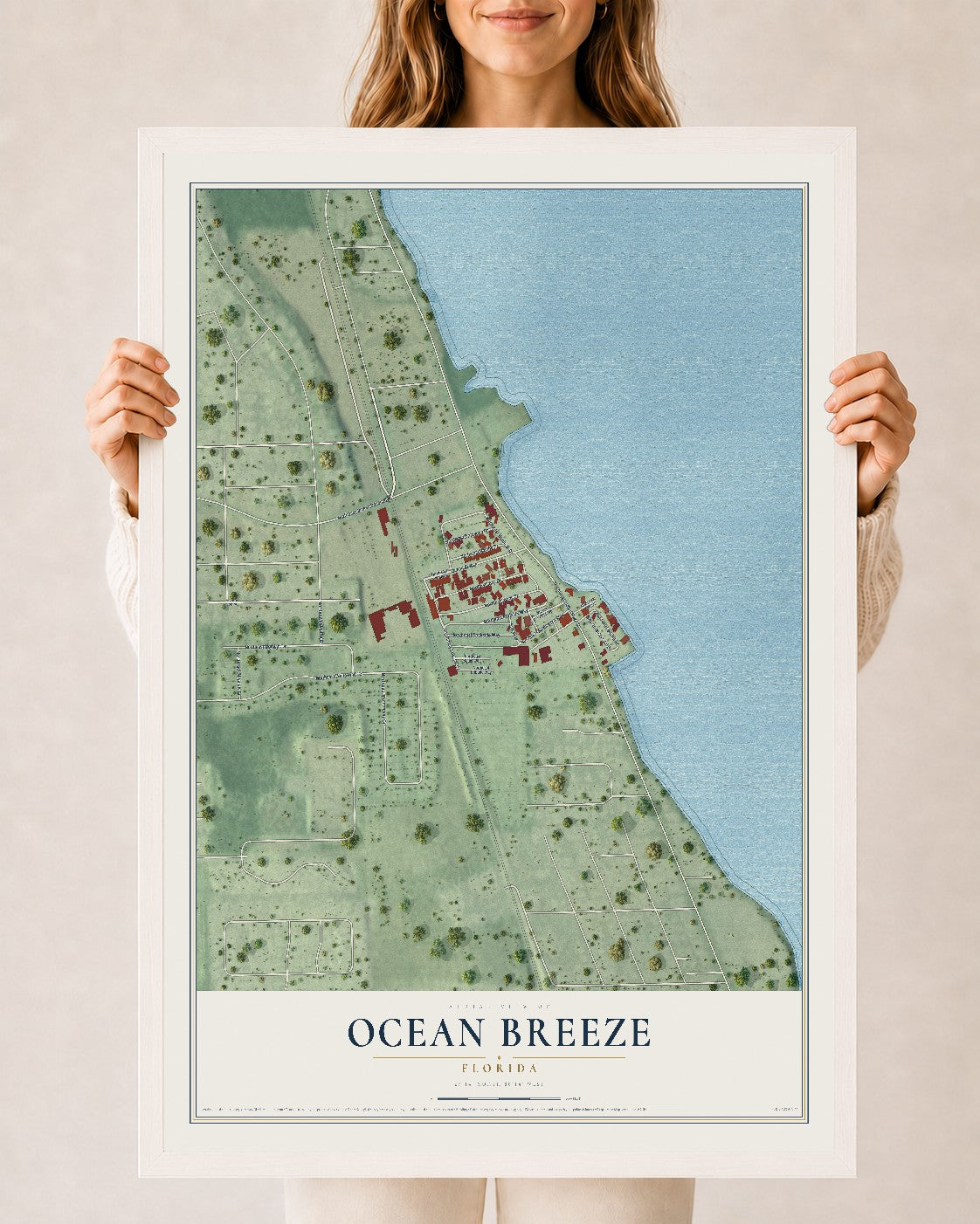 Ocean Breeze, Florida map print, 24" x 36" W/ White Ayous Wood Frame mockup