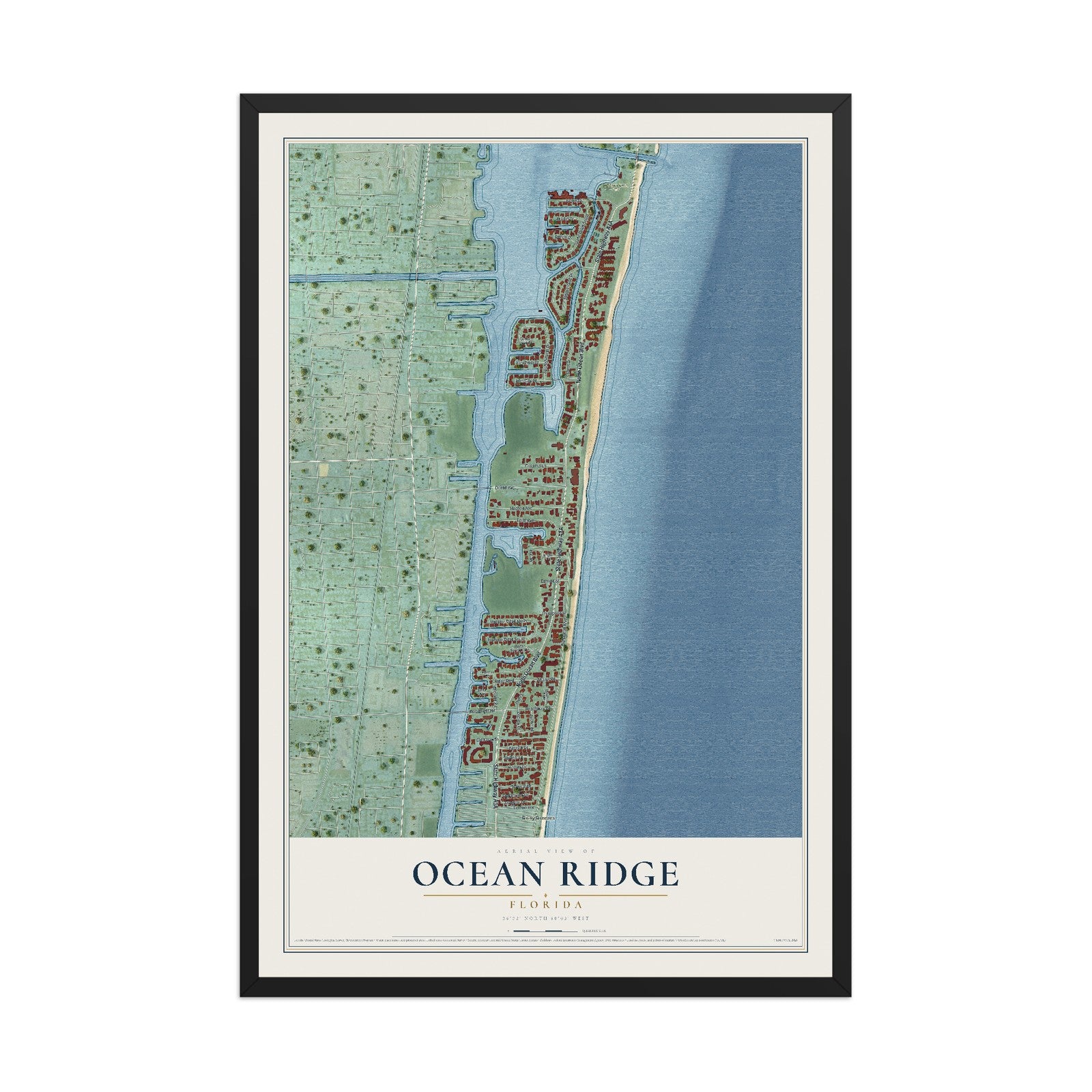 Ocean Ridge, Florida map print, 12" x 18" W/ Black Ayous Wood Frame mockup