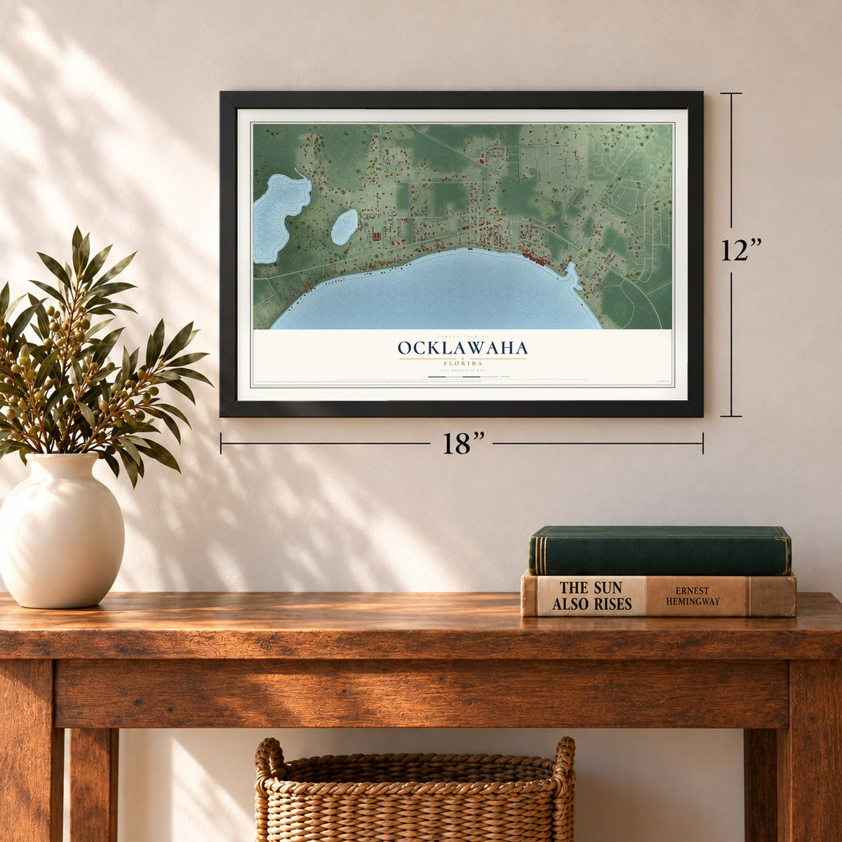 Ocklawaha, Florida map, 12 x 18 inch print in a black frame in an entryway