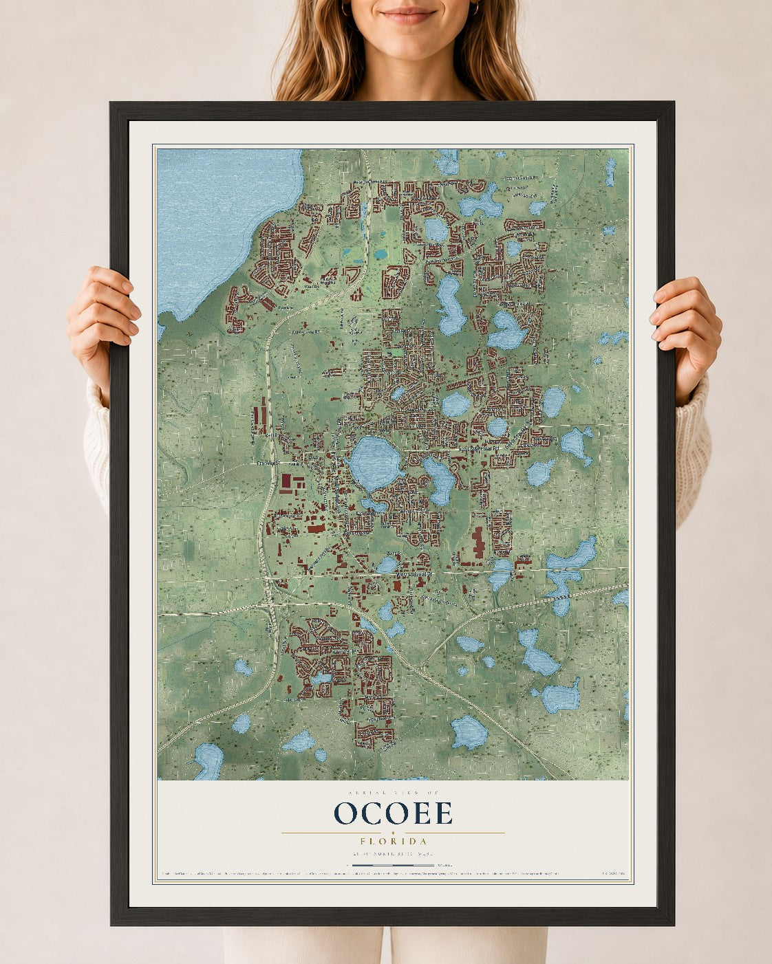 Ocoee, Florida map print, 24" x 36" W/ Black Ayous Wood Frame mockup