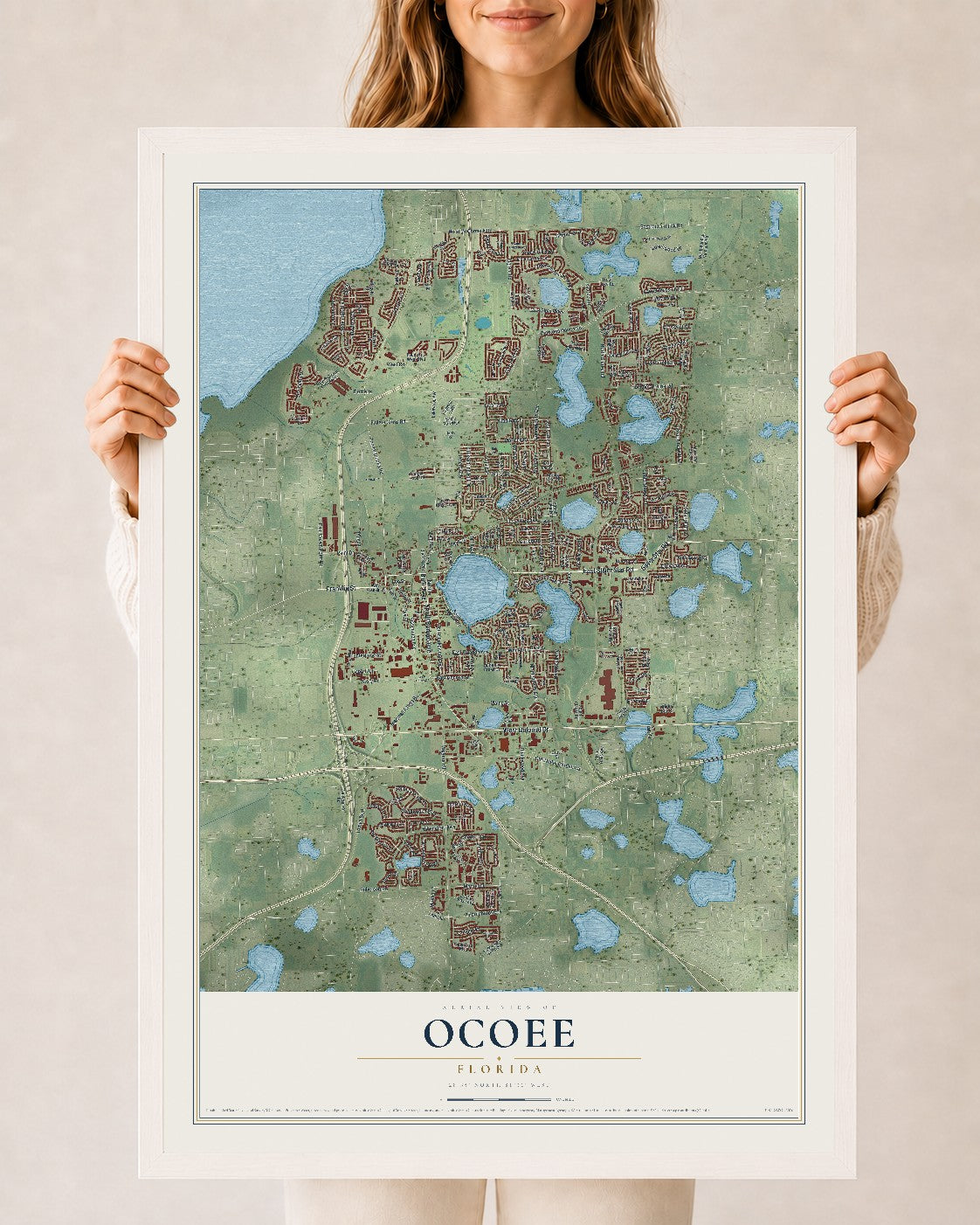 Ocoee, Florida map print, 24" x 36" W/ White Ayous Wood Frame mockup