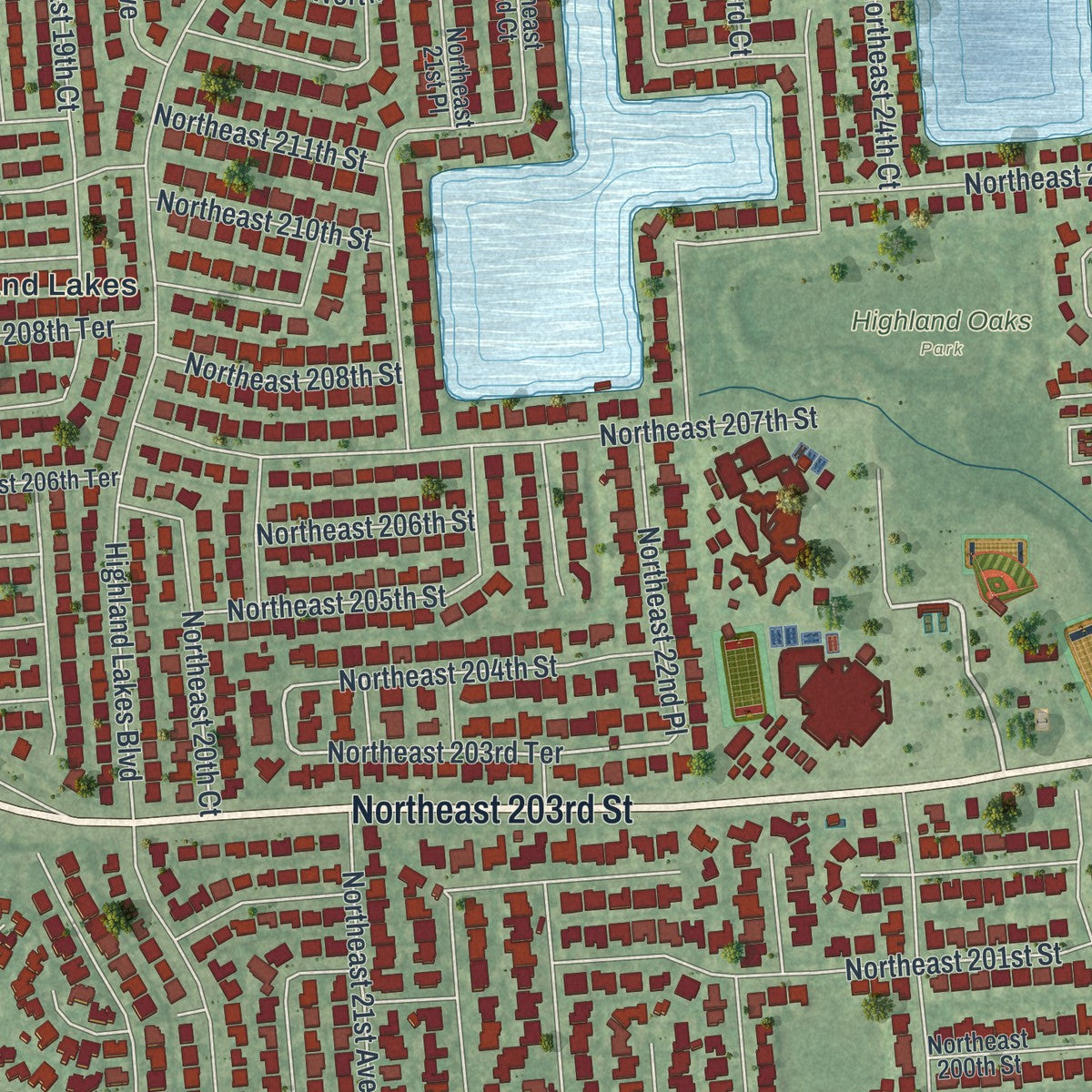 Close-up of the map of Ojus, Florida print showing street and building detail