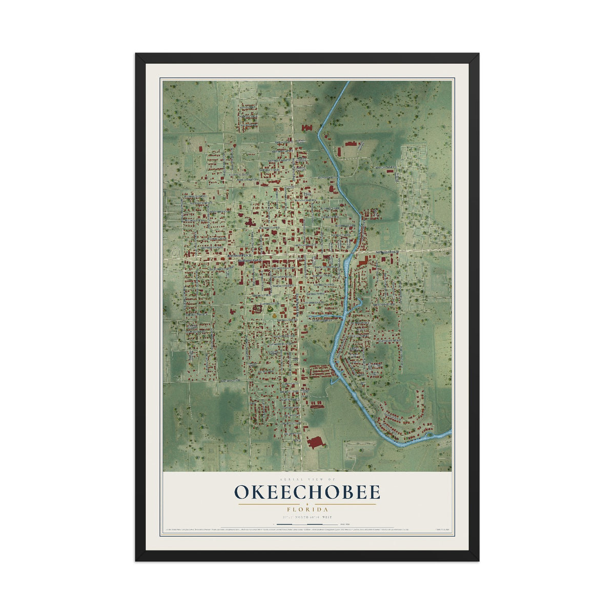 Okeechobee, Florida map print, 12" x 18" W/ Black Ayous Wood Frame mockup