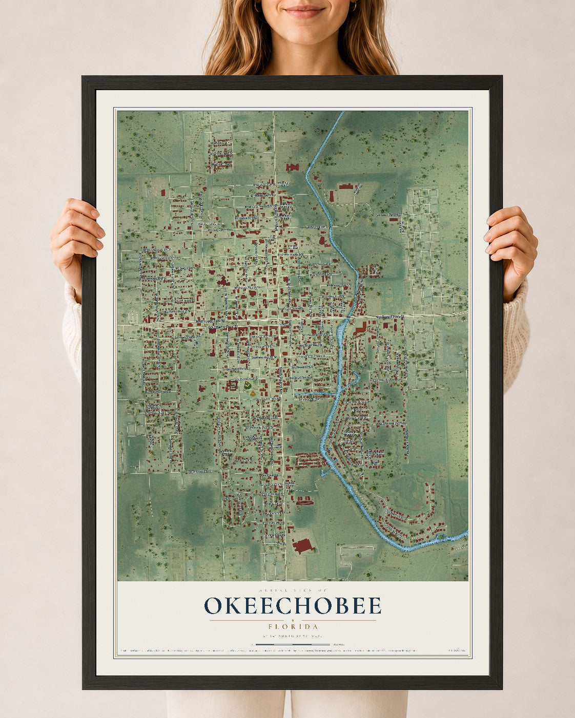 Okeechobee, Florida map print, 24" x 36" W/ Black Ayous Wood Frame mockup